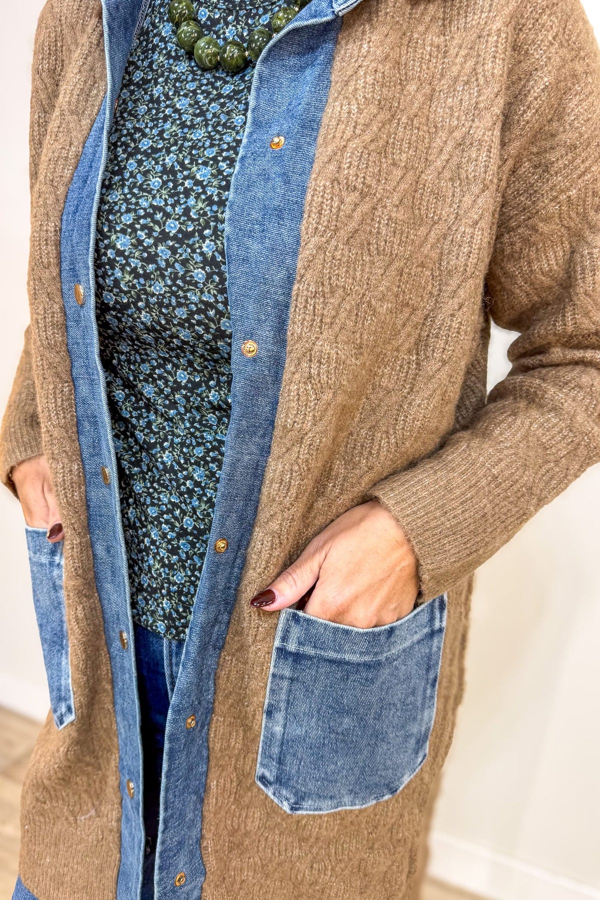 Camel Soho Cable Knit Denim Trim Cardigan Detail