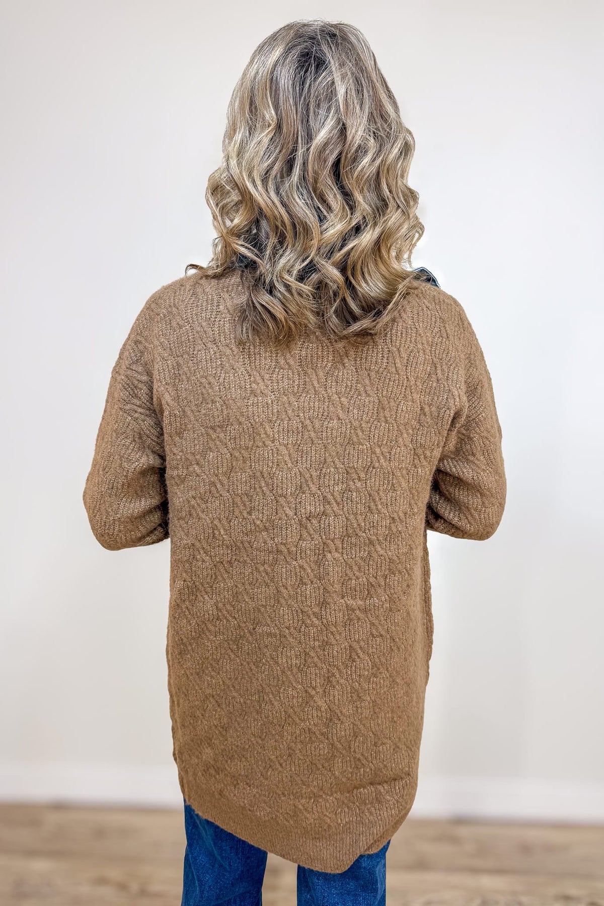 Camel Soho Cable Knit Denim Trim Cardigan Back