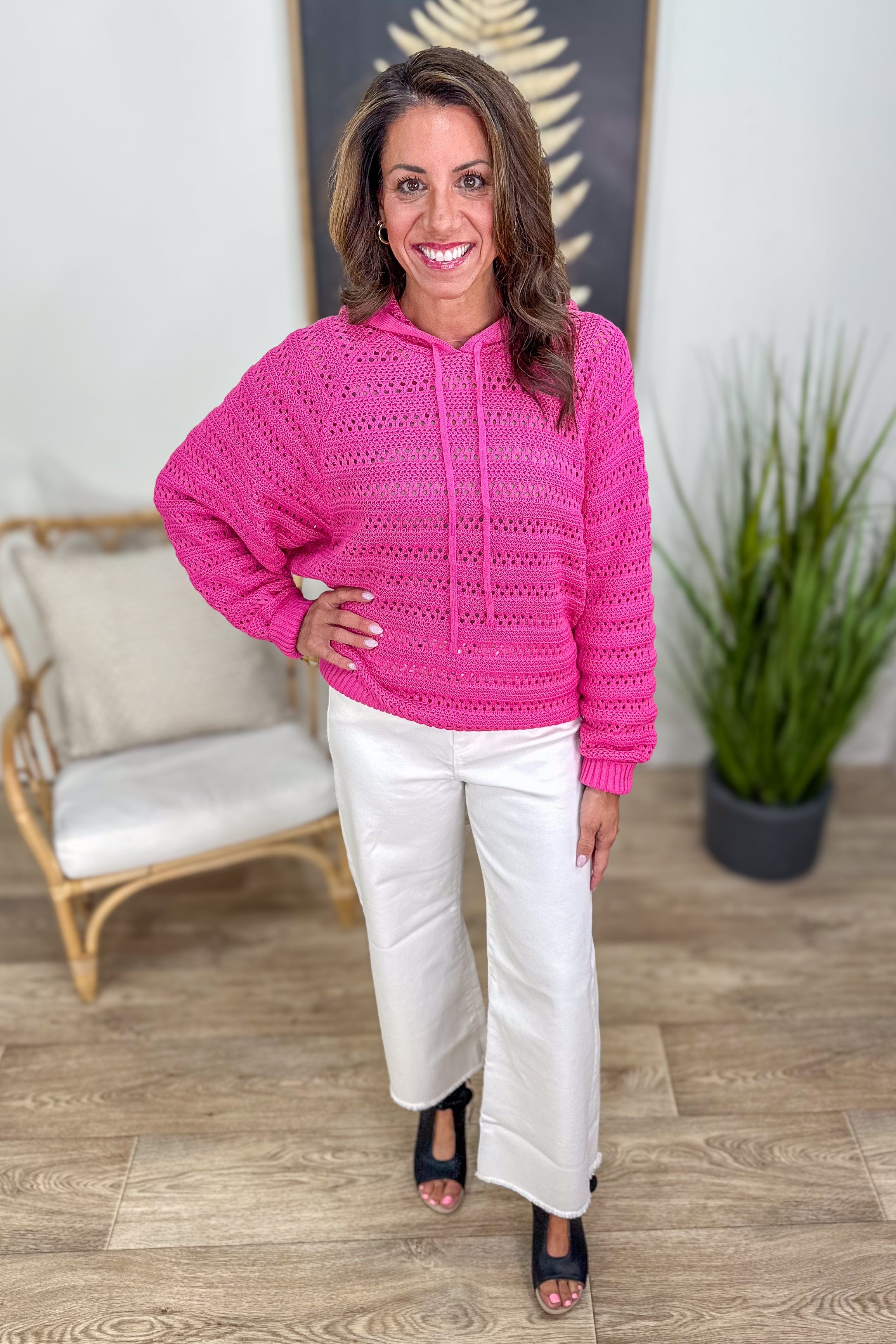 Fuchsia Crochet Dolman Sleeve Hoodie Sweater Styled