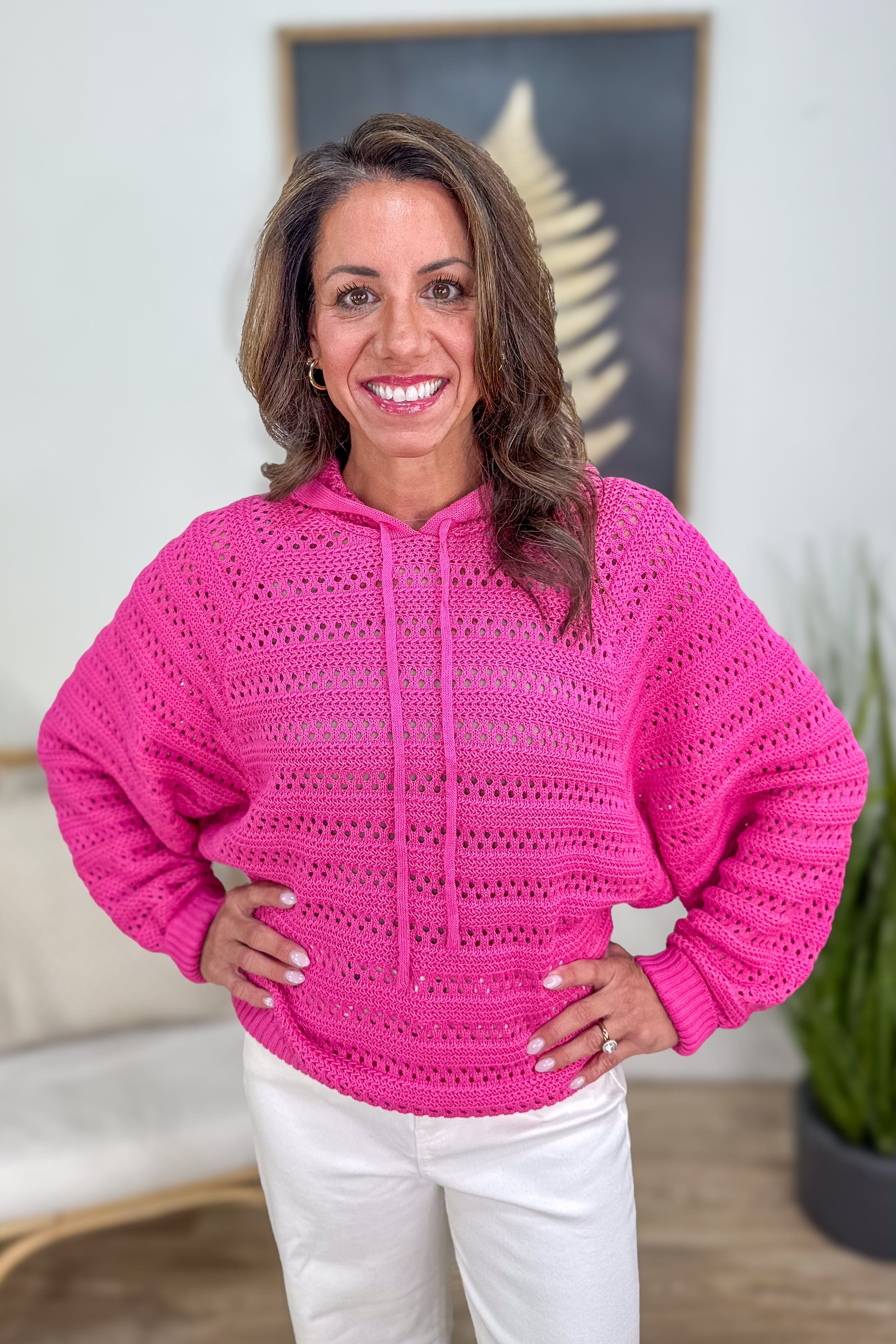 Fuchsia Crochet Dolman Sleeve Hoodie Sweater