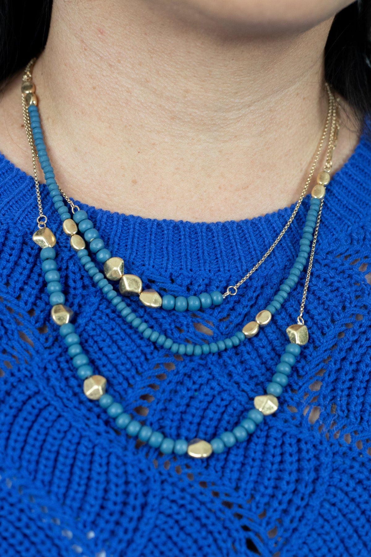 Blue Triple Layer Bead Necklace