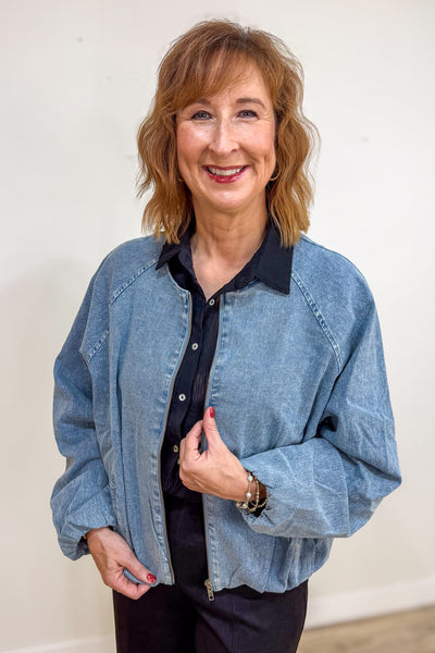 Denim Raglan Sleeve Bomber Jacket