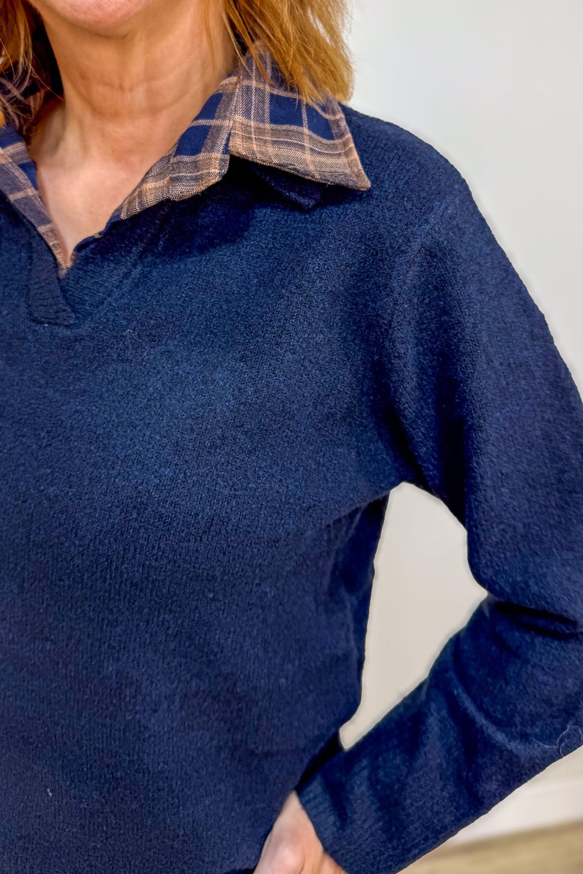 Navy Contrast Flannel Collar Sweater Detail
