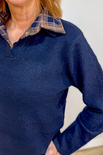 Navy Contrast Flannel Collar Sweater Detail