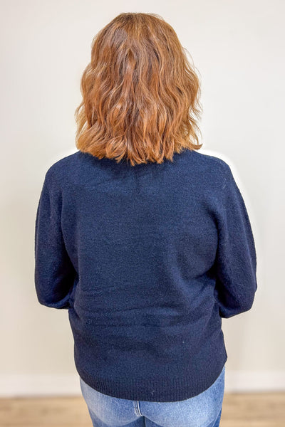 Navy Contrast Flannel Collar Sweater Back