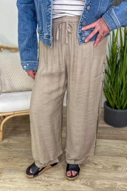 Taupe Flowy Side Button Gauze Pant