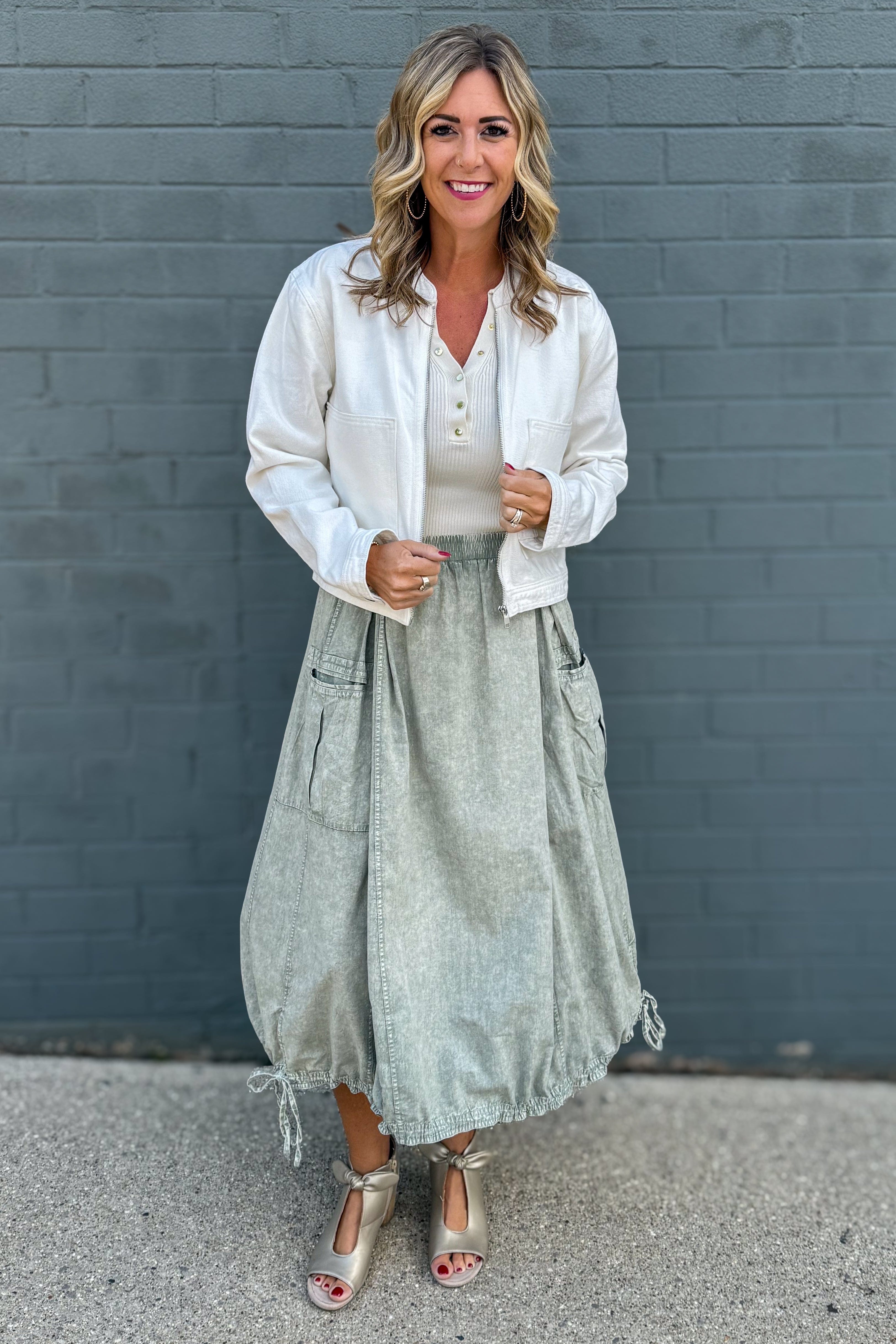 Faded Olive Mineral Washed Twill Cargo Skirt styled with jacket