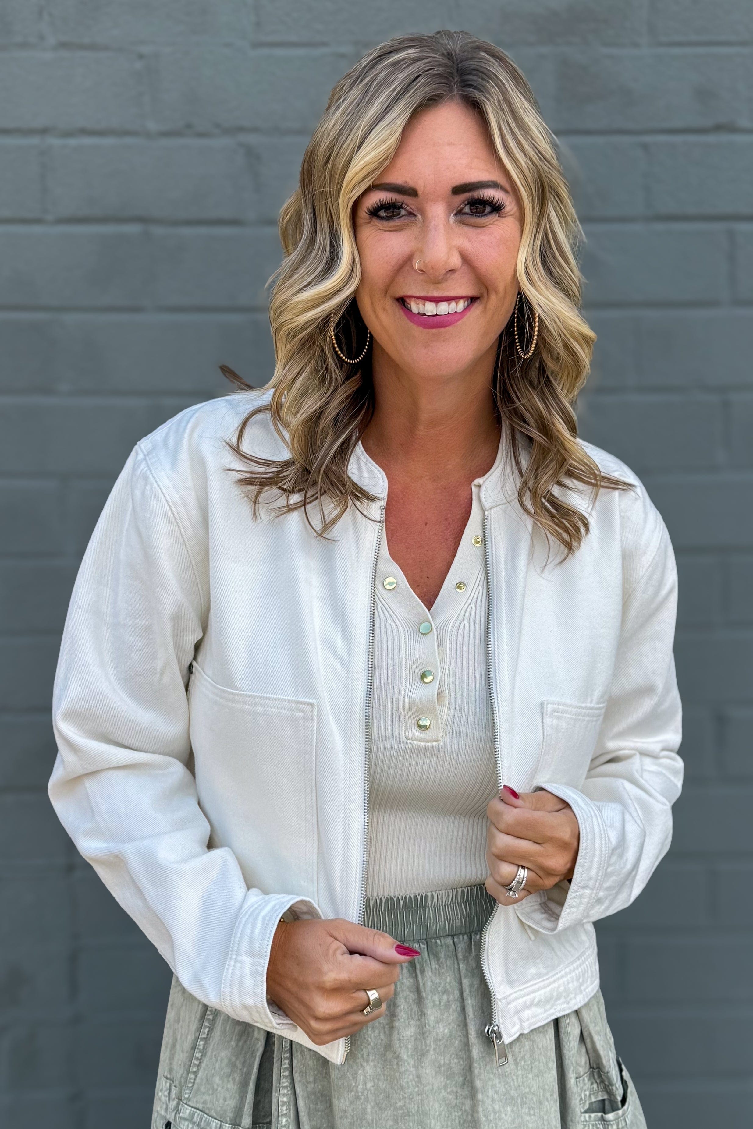White Zipper Denim Jacket