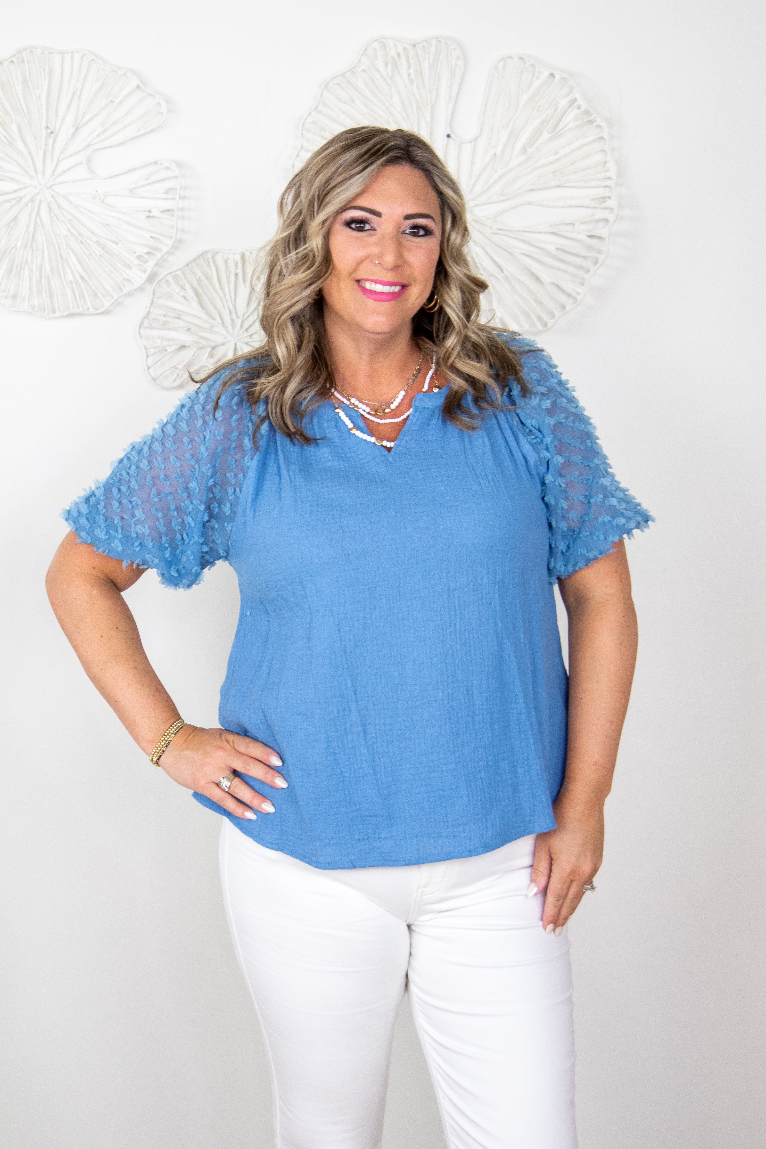 Denim Blue Gauze w/Applique Sleeve Top