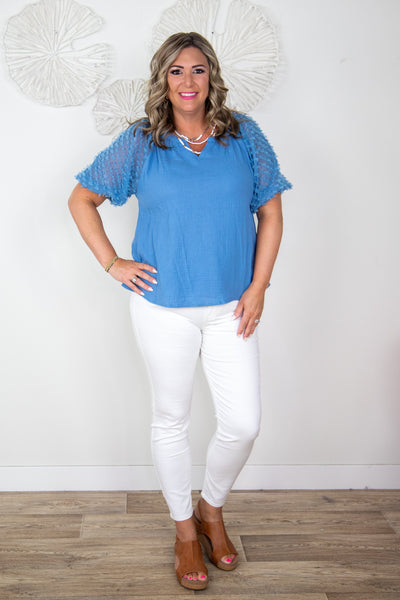 Denim Blue Gauze w/Applique Sleeve Top, styled