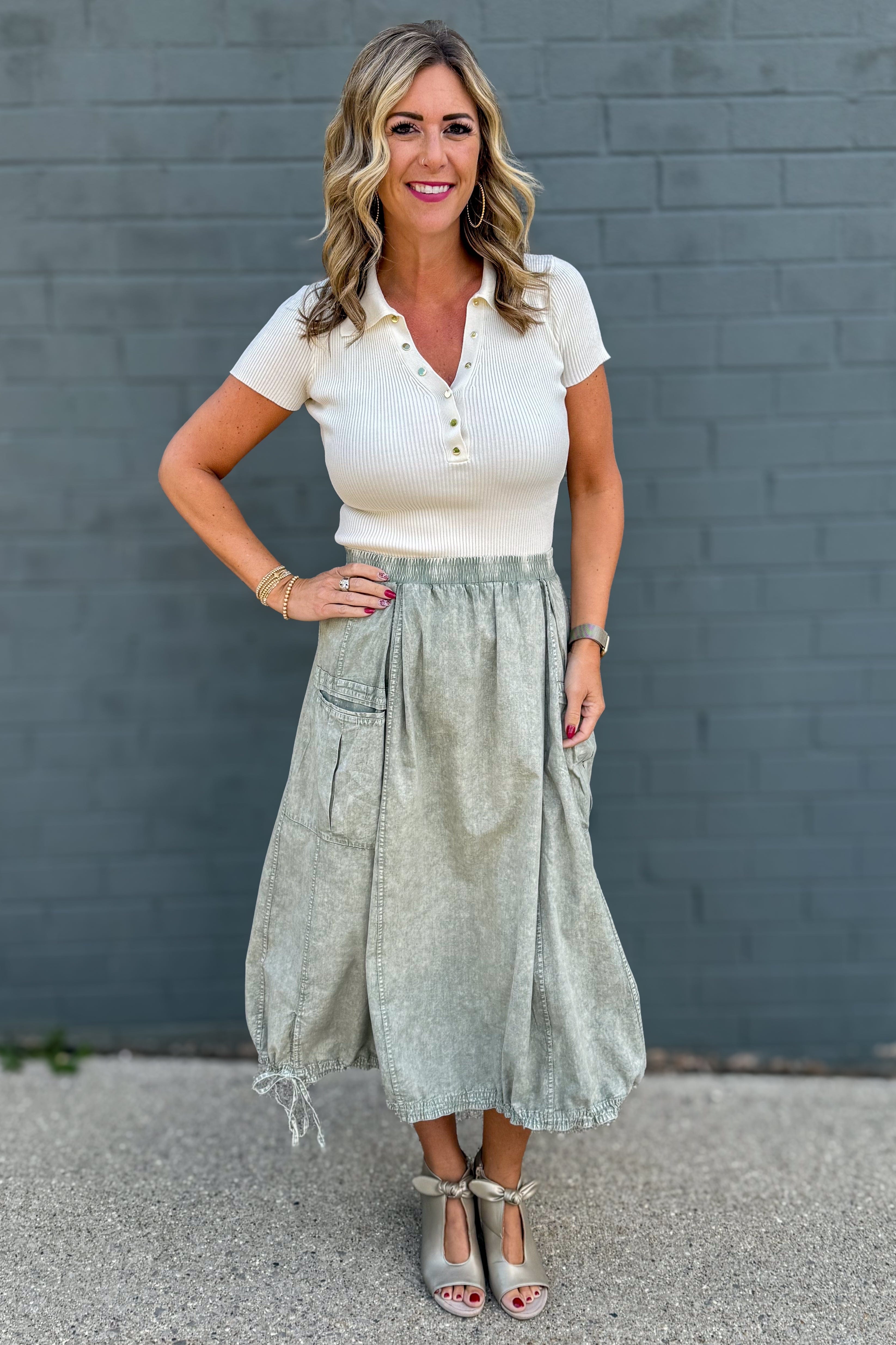 Faded Olive Mineral Washed Twill Cargo Skirt styled
