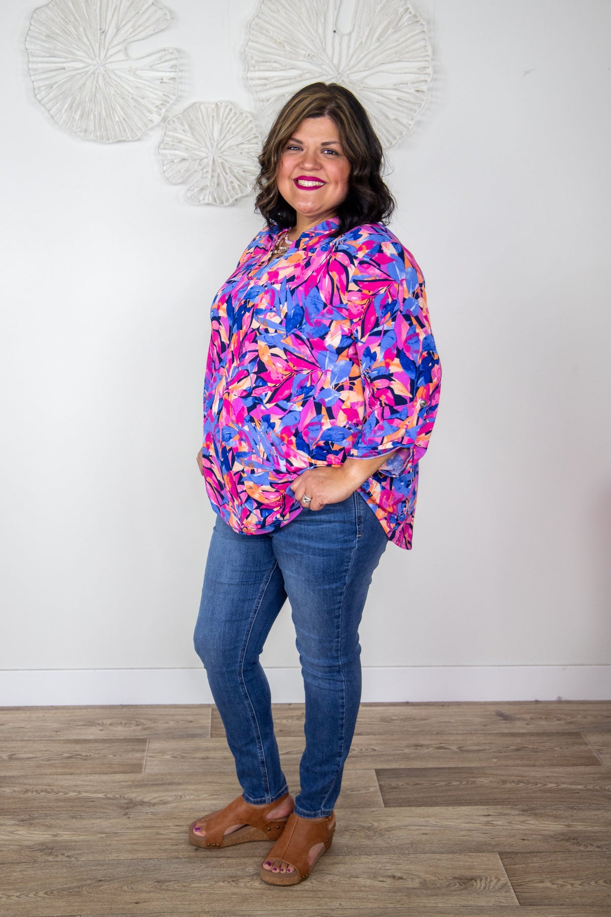 Pinks and Purple Palm Leaves Lizzy Top, styled