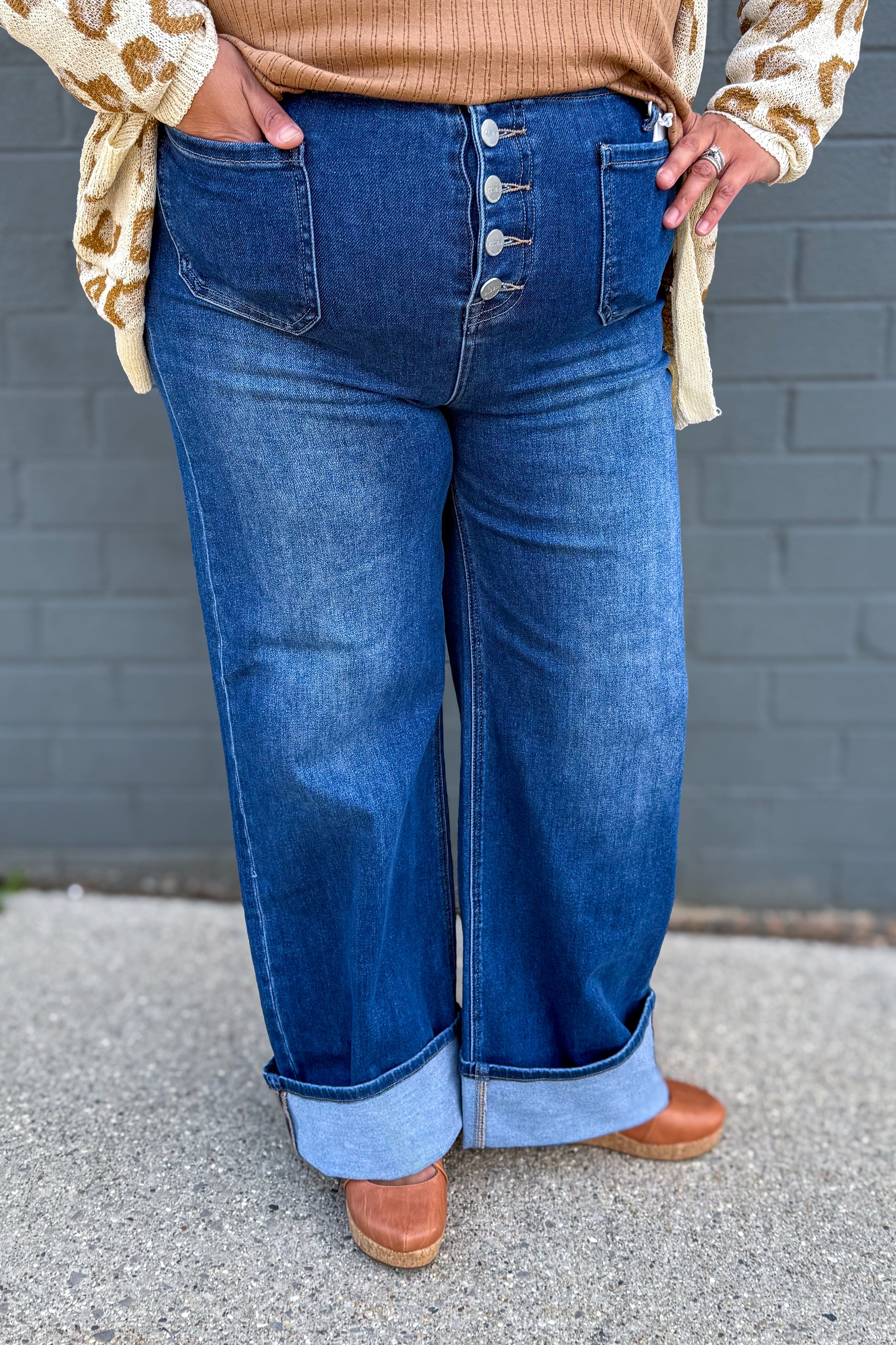 Dark High Rise Ankle Button Down Cuffed Jean 