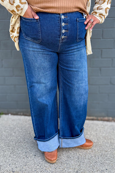 Dark High Rise Ankle Button Down Cuffed Jean 