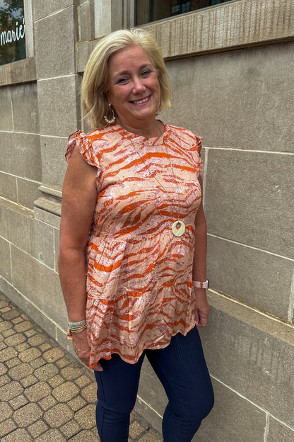 Coral Print Ruffle Shoulder Top