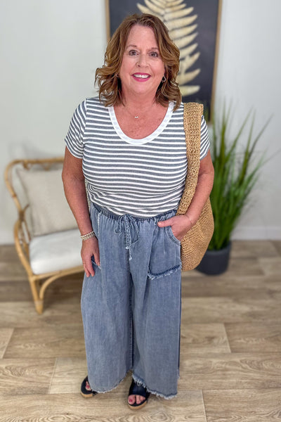 Navy Loop Terry Stripe Top styled