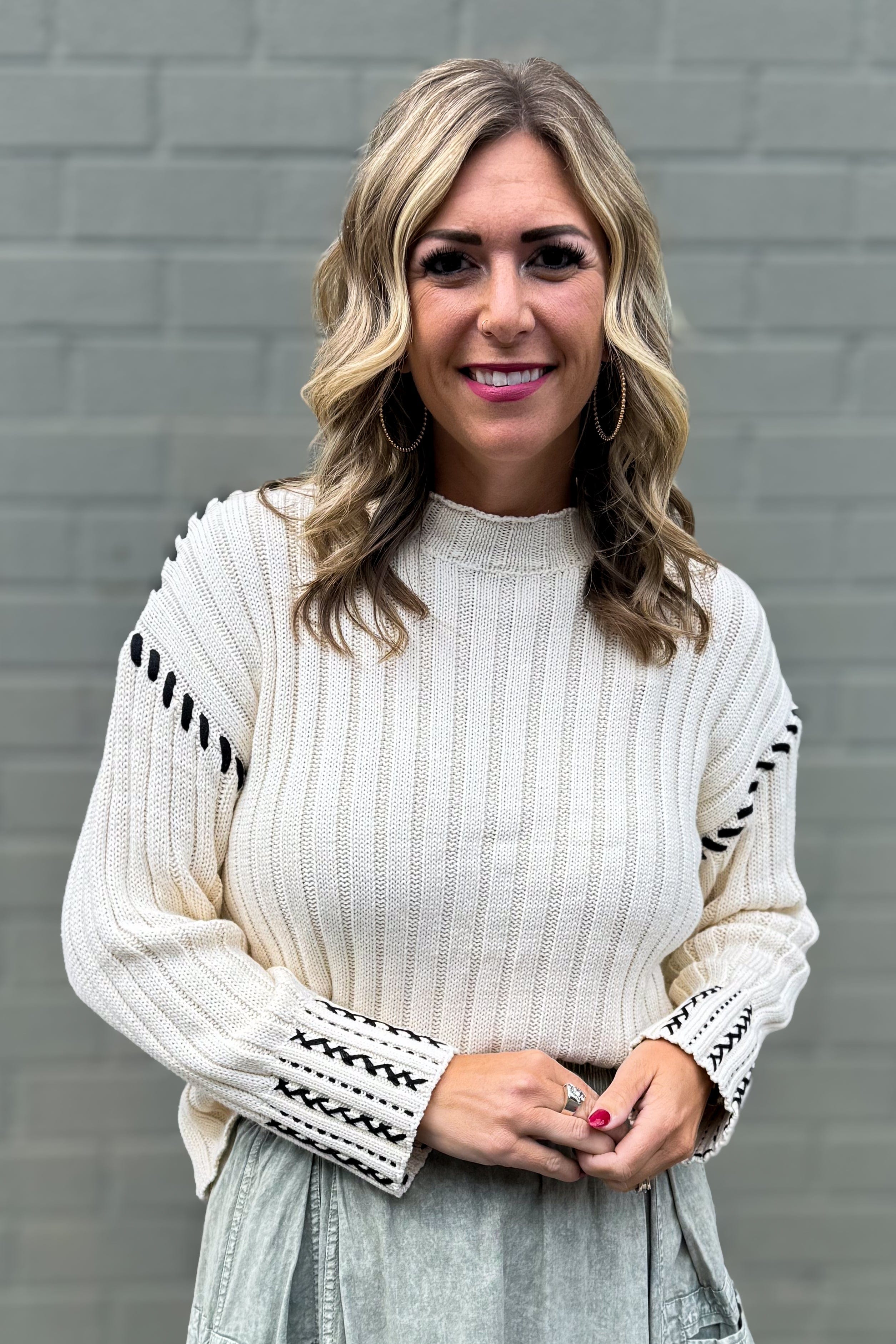 Cream Trim Detail Knit Sweater