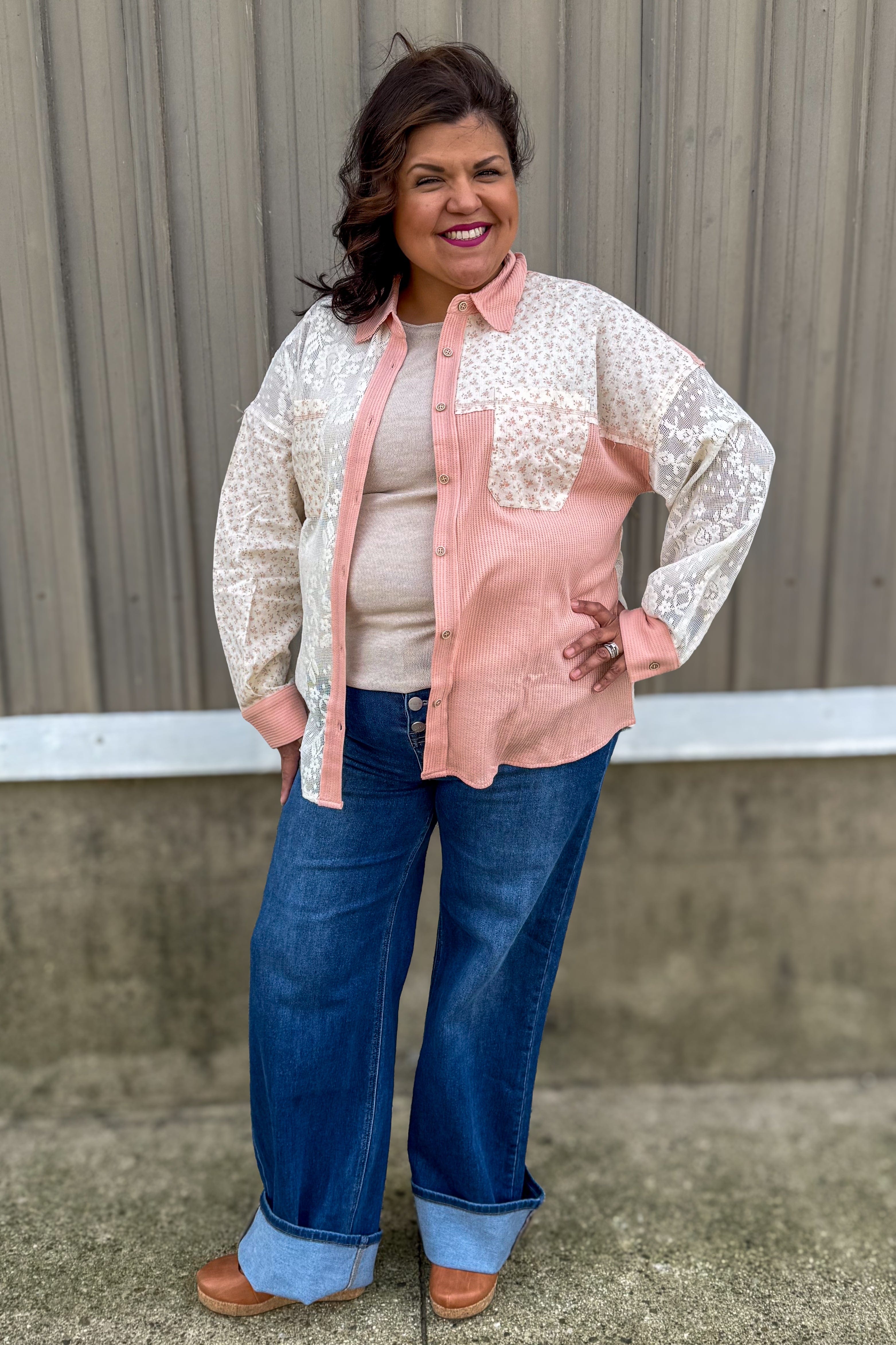 Blush Floral Lace Button Up Blouse styled