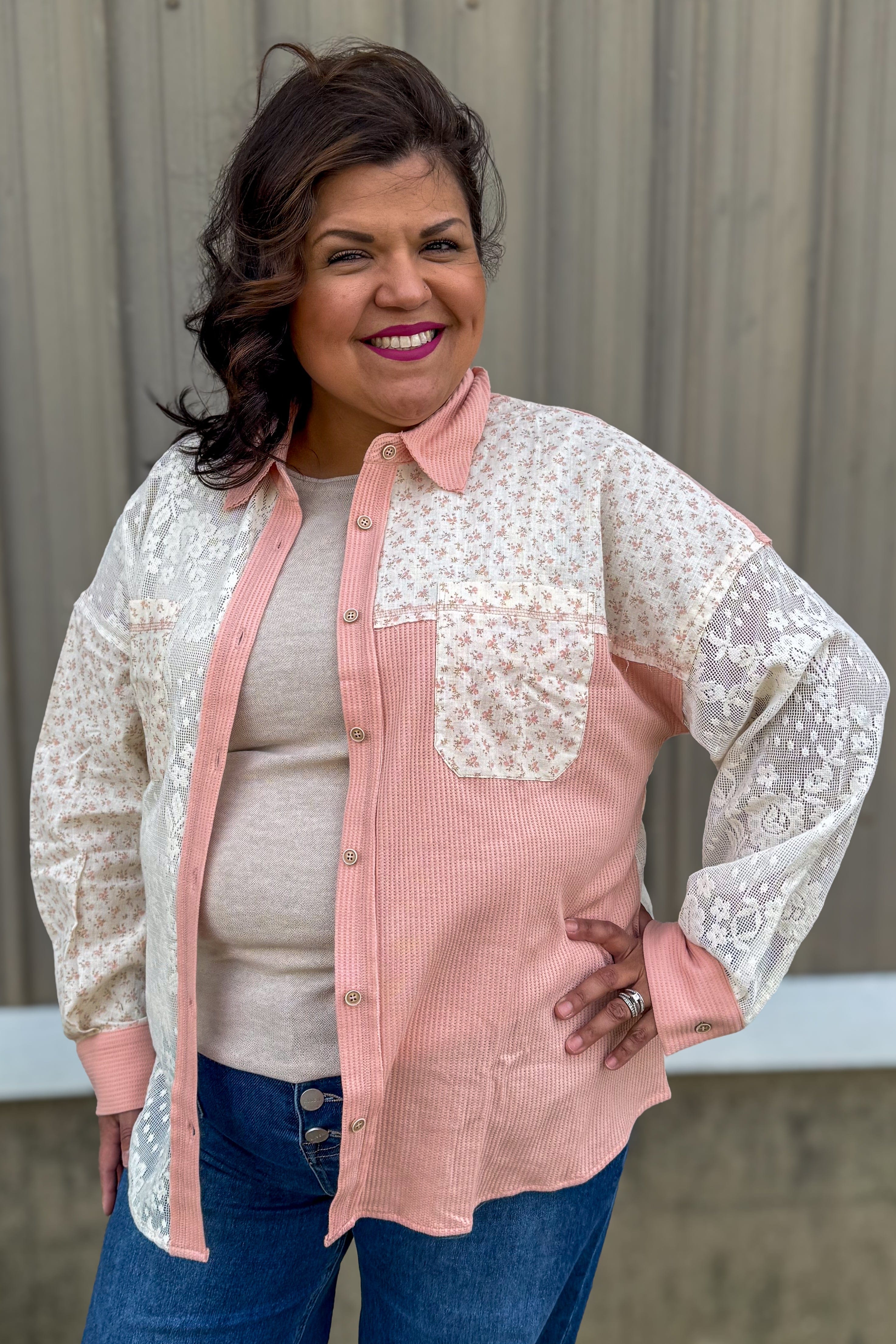 Blush Floral Lace Button Up Blouse