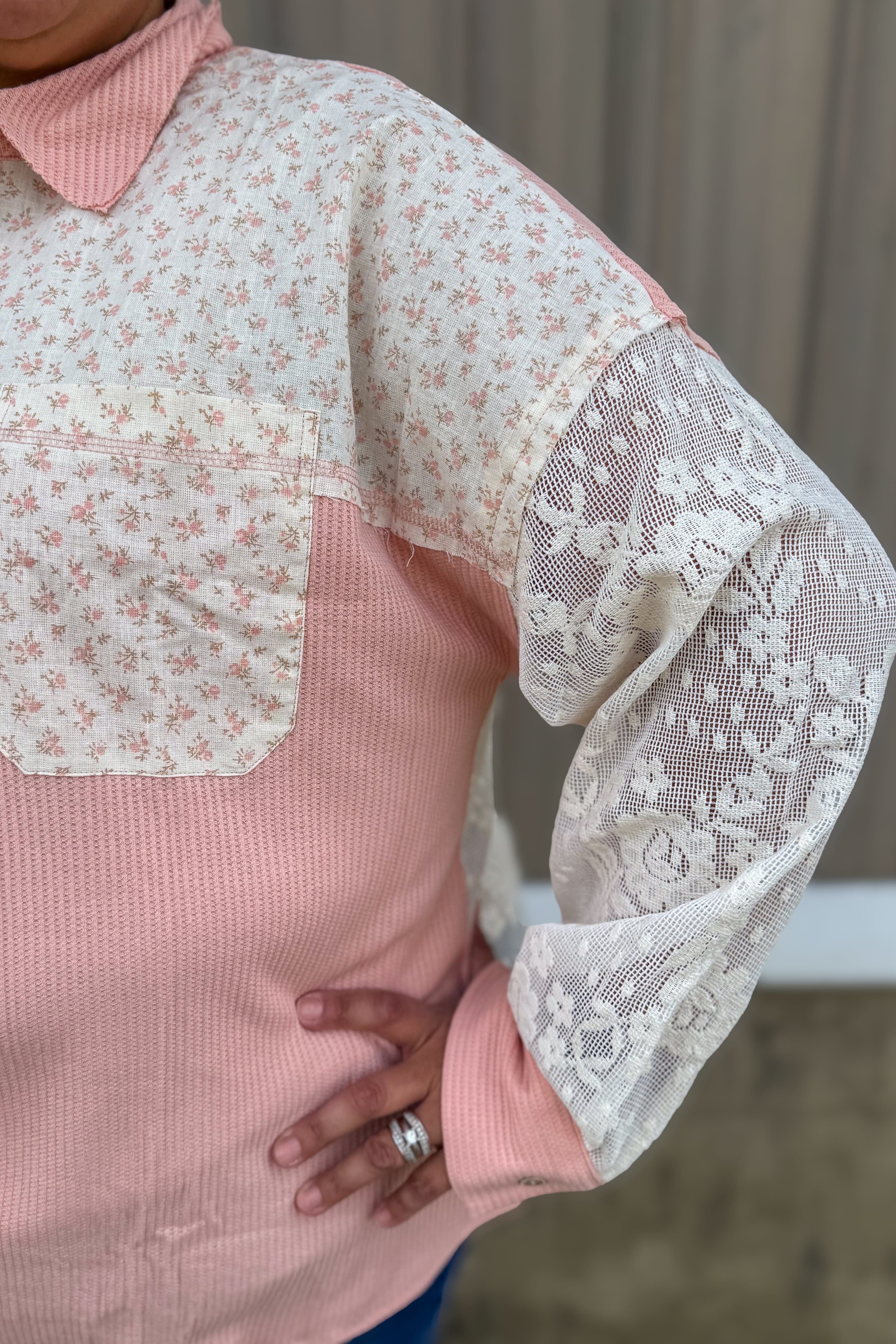 Blush Floral Lace Button Up Blouse details