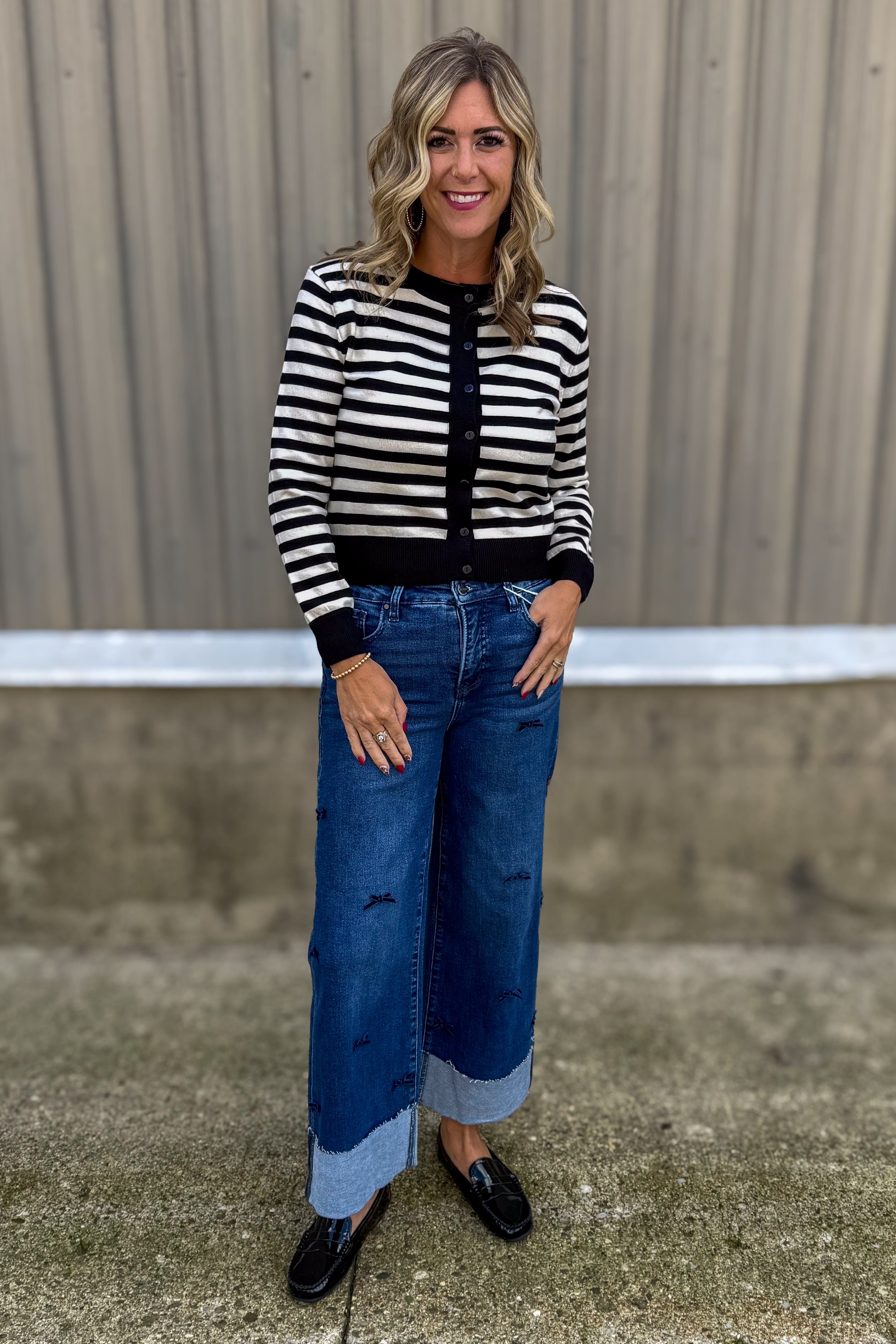 Black & Cream Stripe Button Cardigan styled