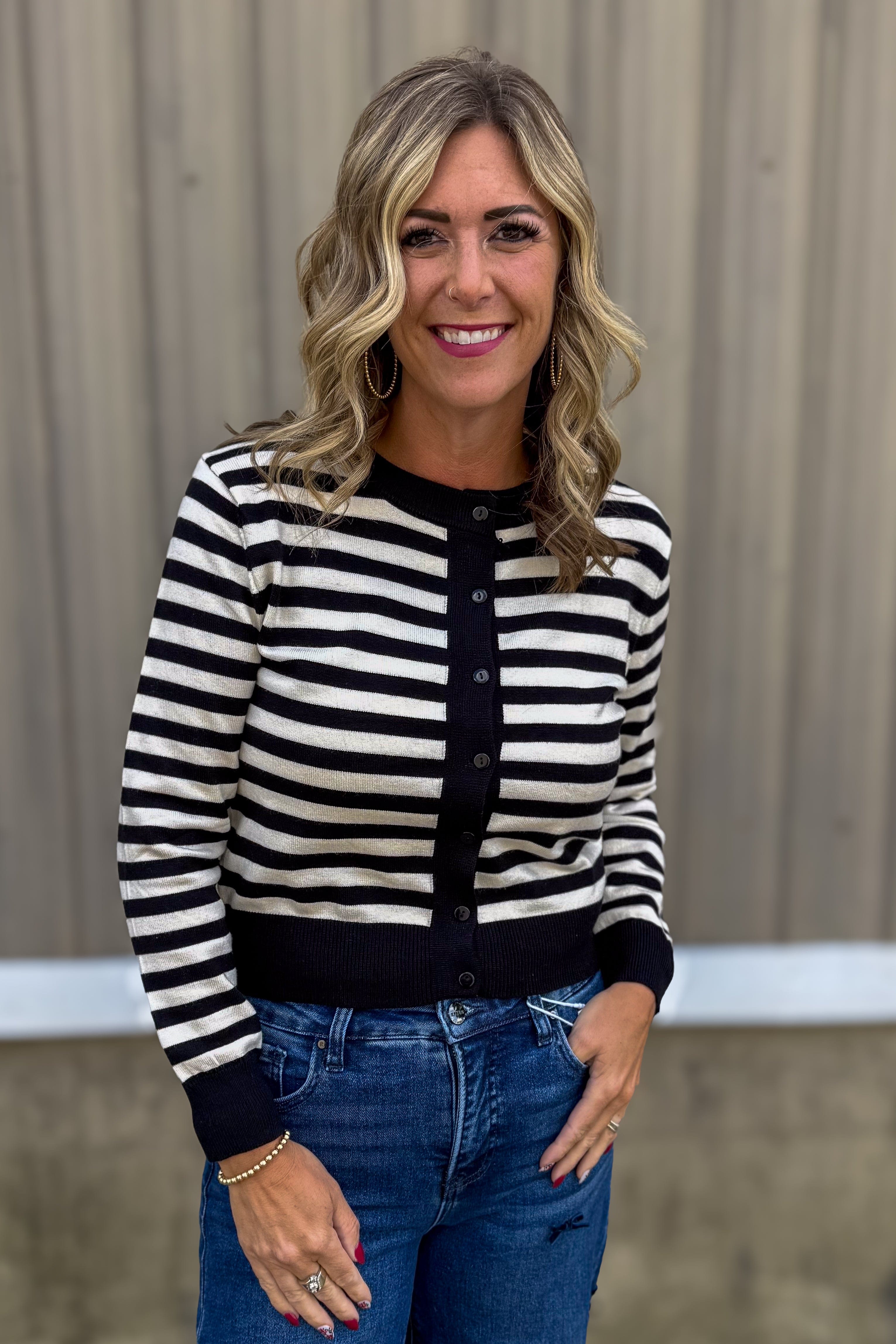 Black & Cream Stripe Button Cardigan