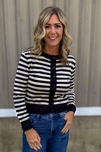 Black & Cream Stripe Button Cardigan