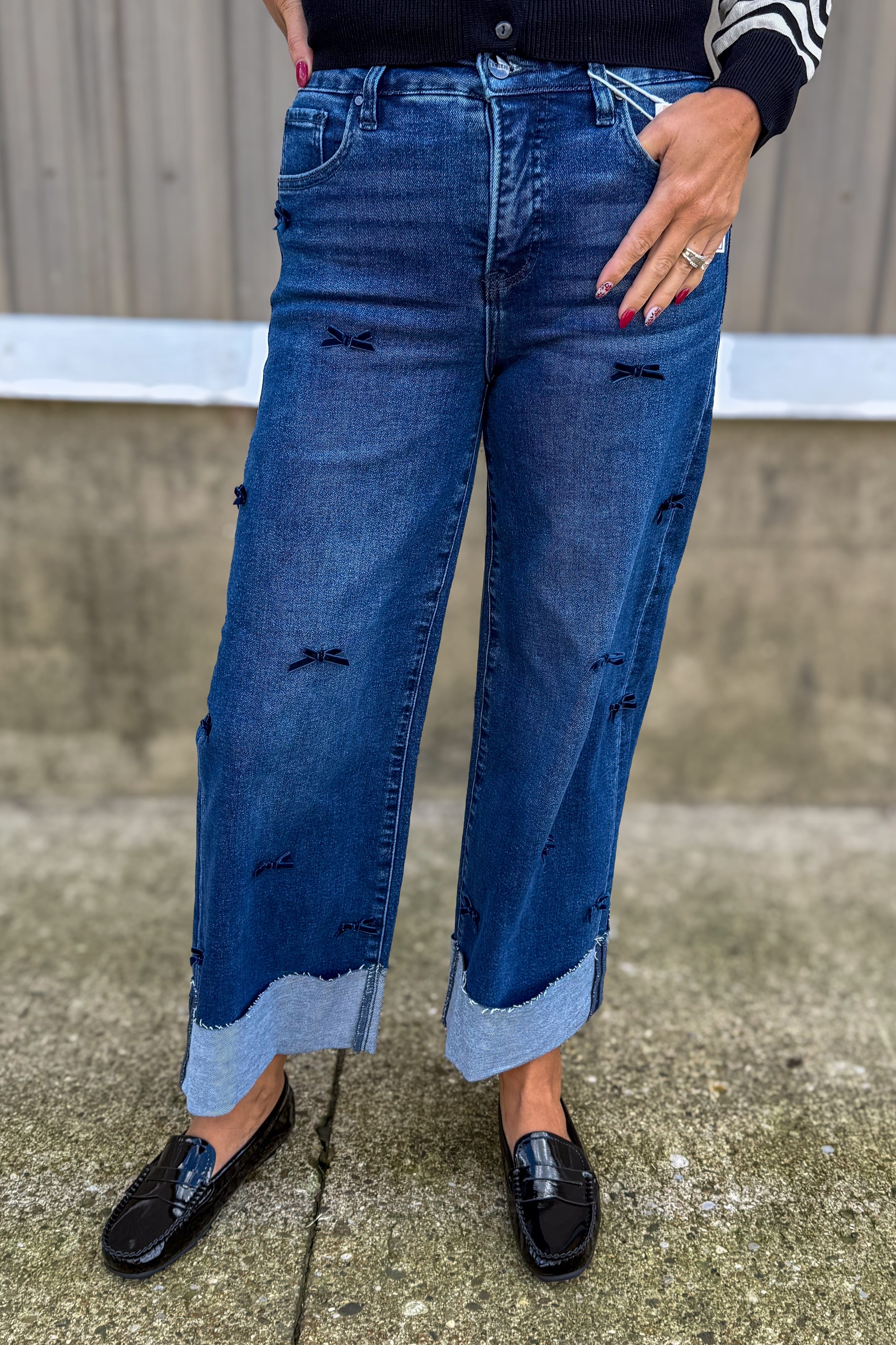 Dark Wash High Rise Crop Wide Ribbon Detail Jean