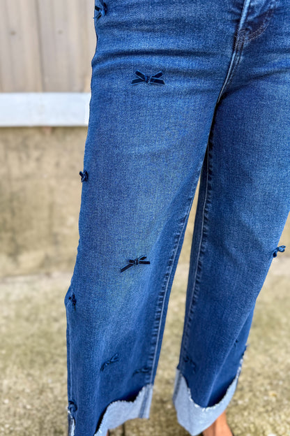 Dark Wash High Rise Crop Wide Ribbon Detail Jean details