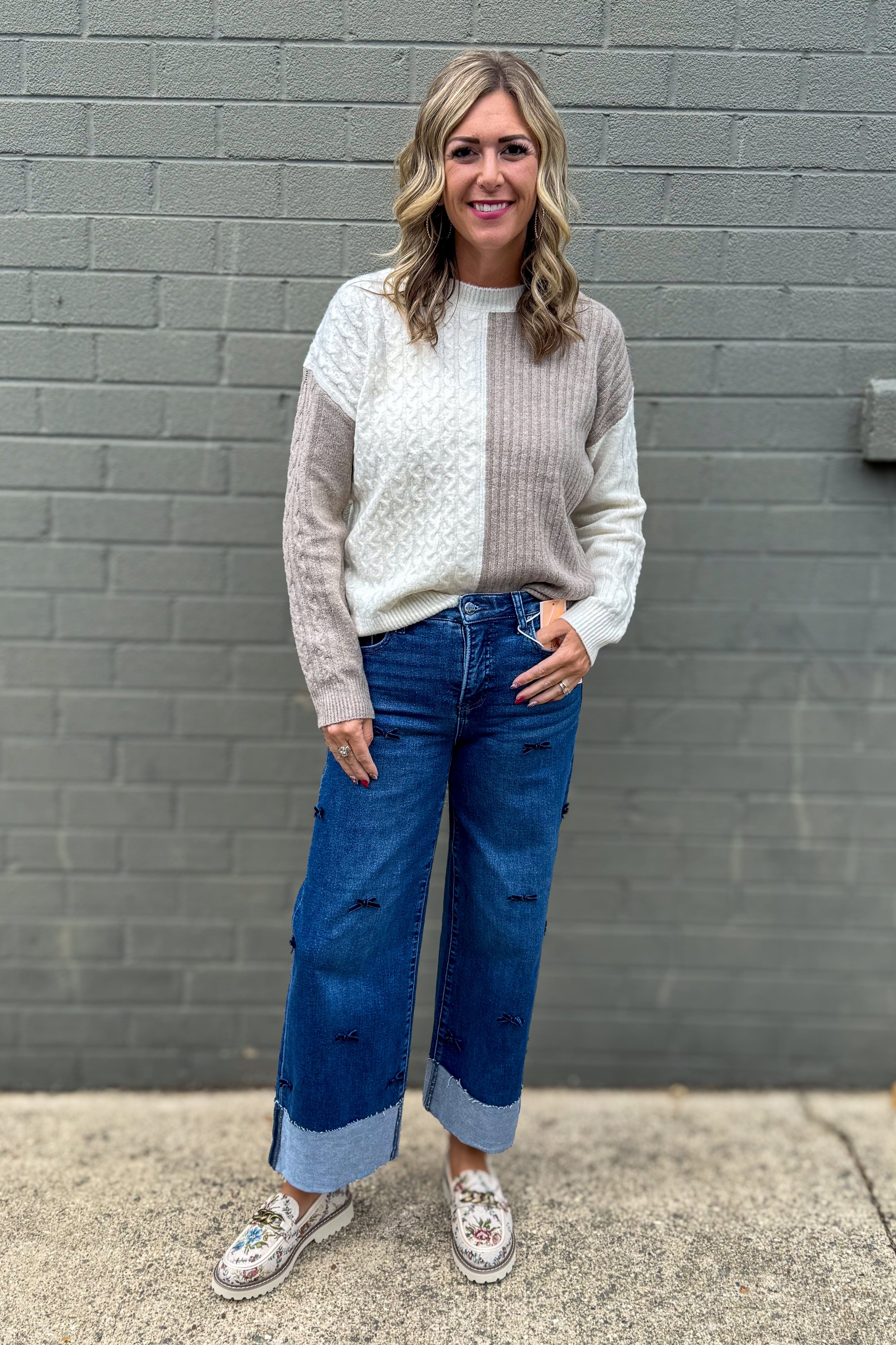 Cream & Mocha Color Block Ribbed Sweater styled