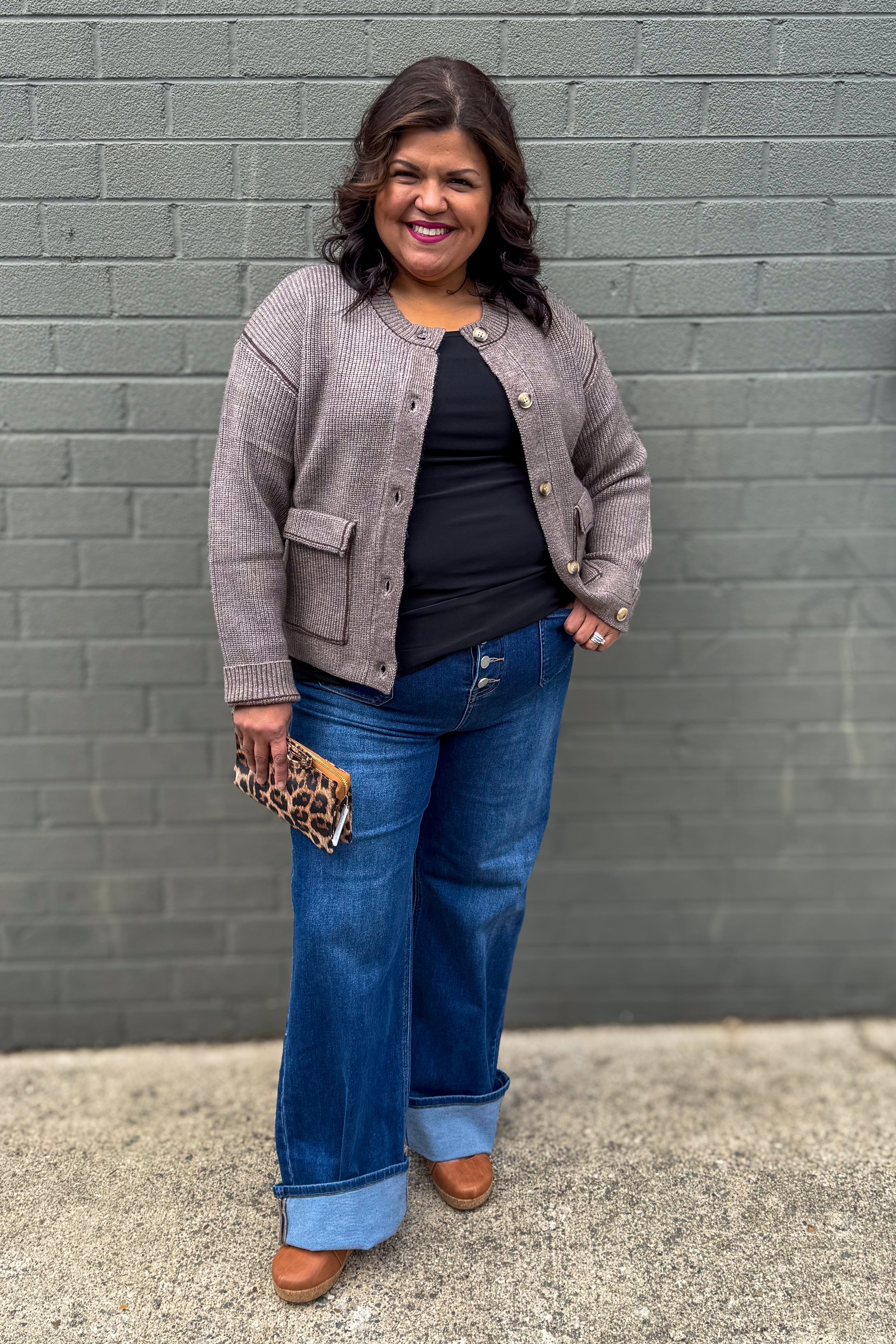 Brown Contrast Knit Cardigan styled