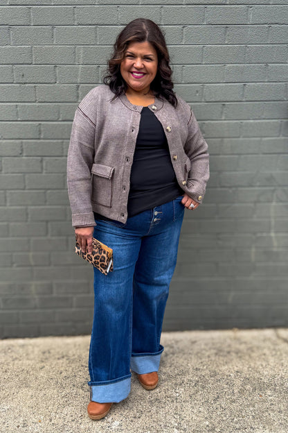 Brown Contrast Knit Cardigan styled