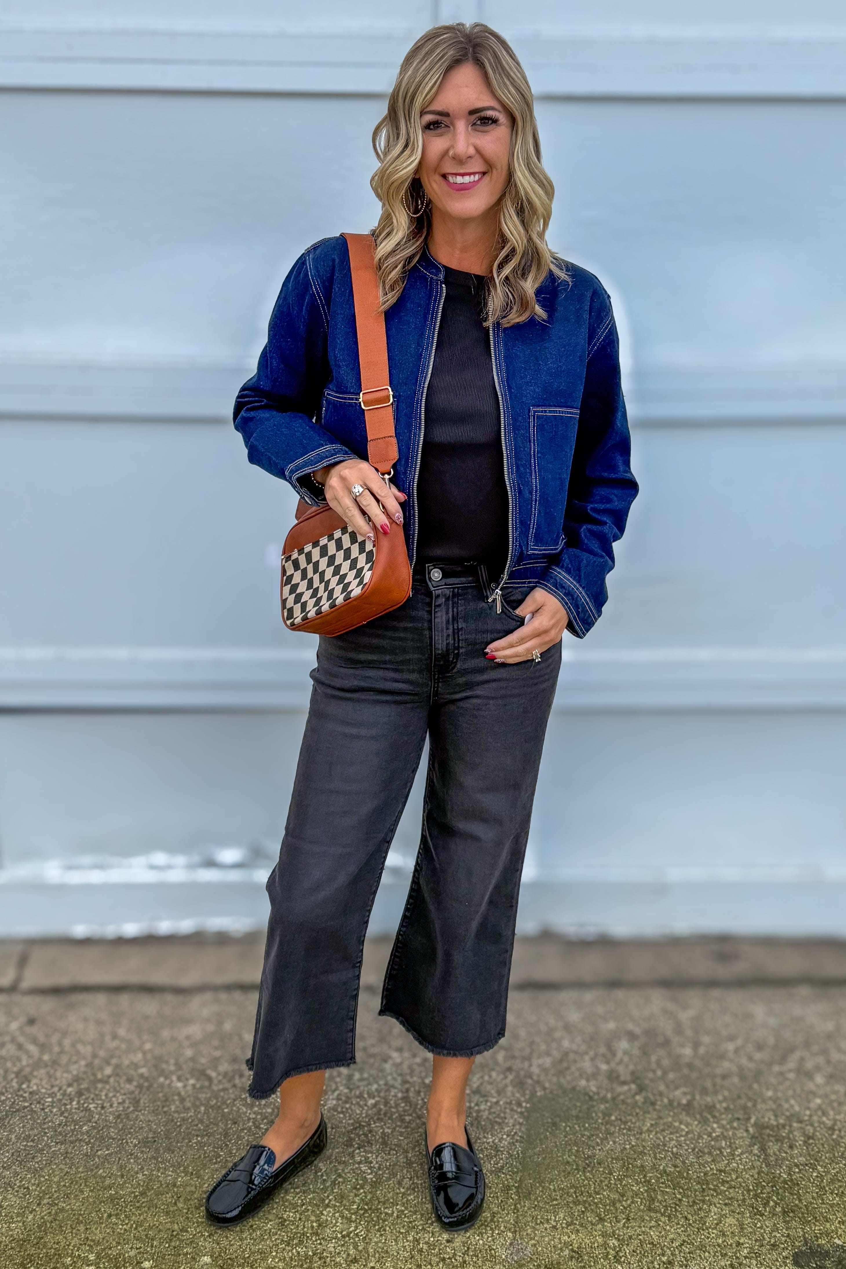 Dark Denim Zipper Denim Jacket styled