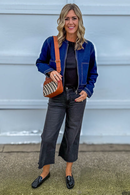 Dark Denim Zipper Denim Jacket styled