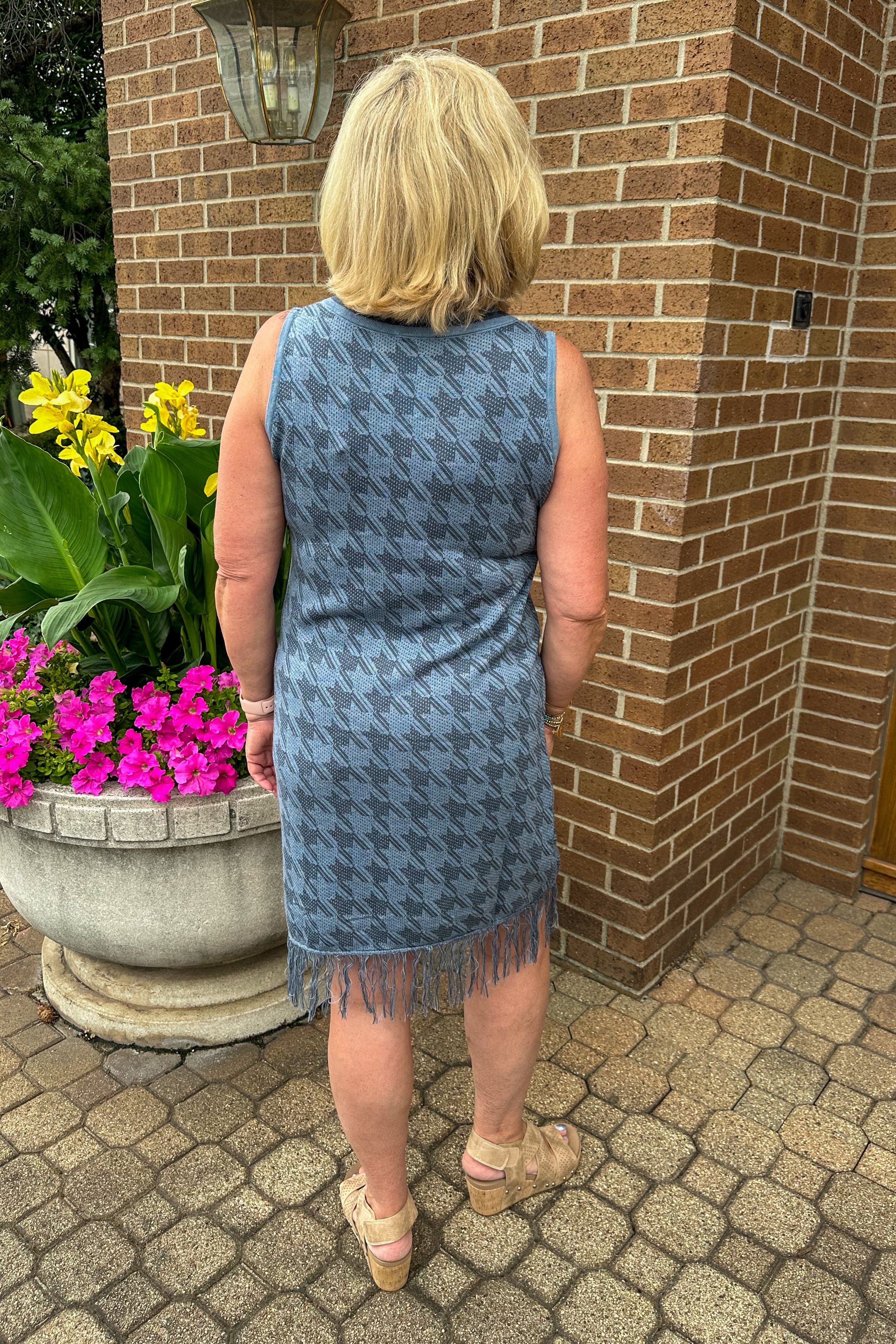 Blue Houndstooth Sleeveless Dress