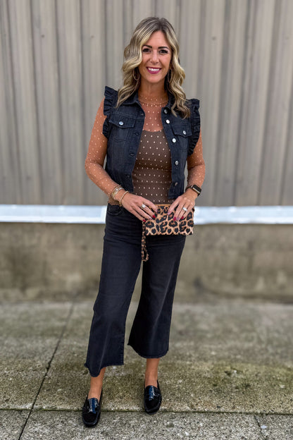 Black Ruffle Denim Vest styled