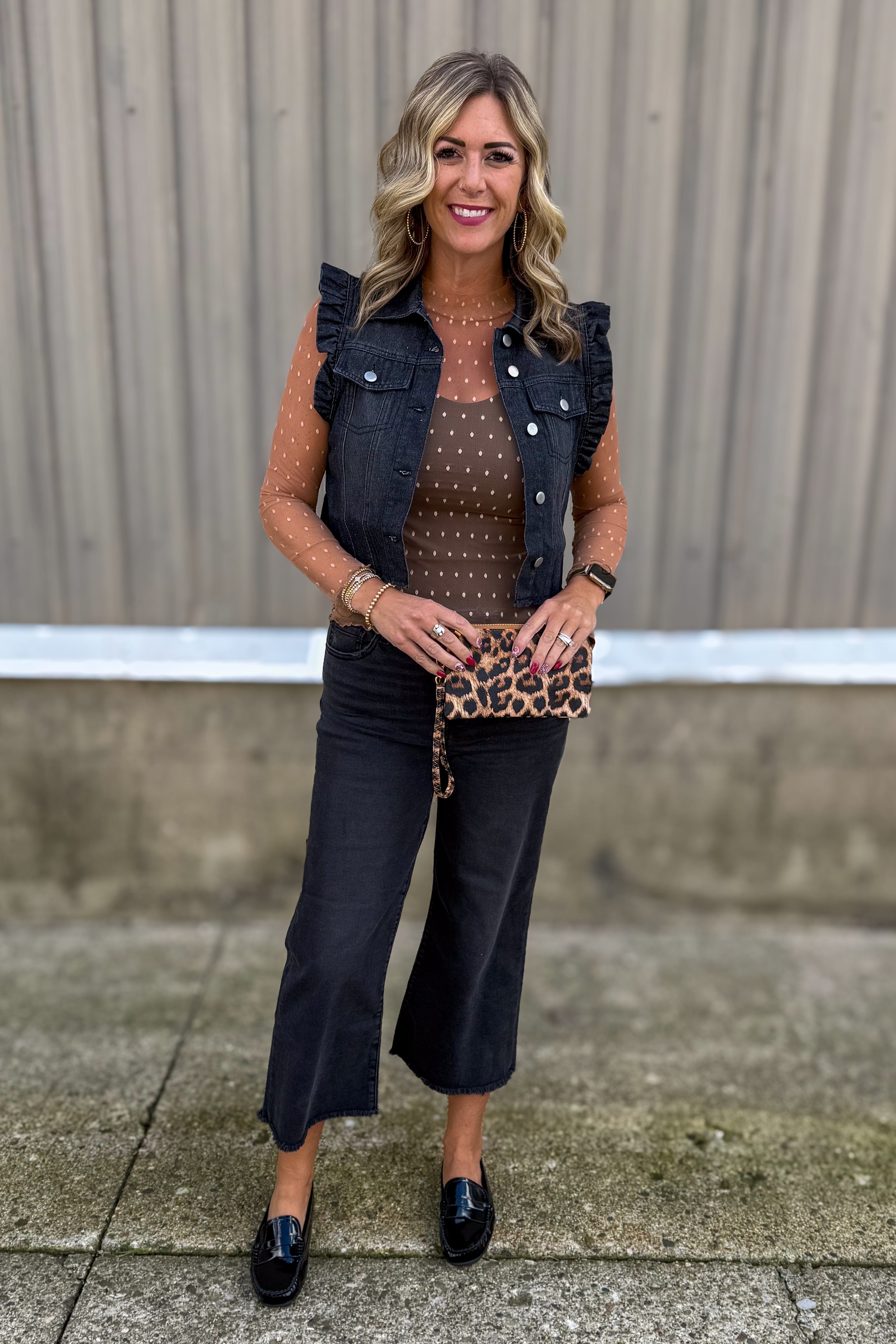 Taupe Dot Mesh Sheer Top styled