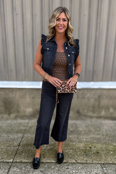 Taupe Dot Mesh Sheer Top styled