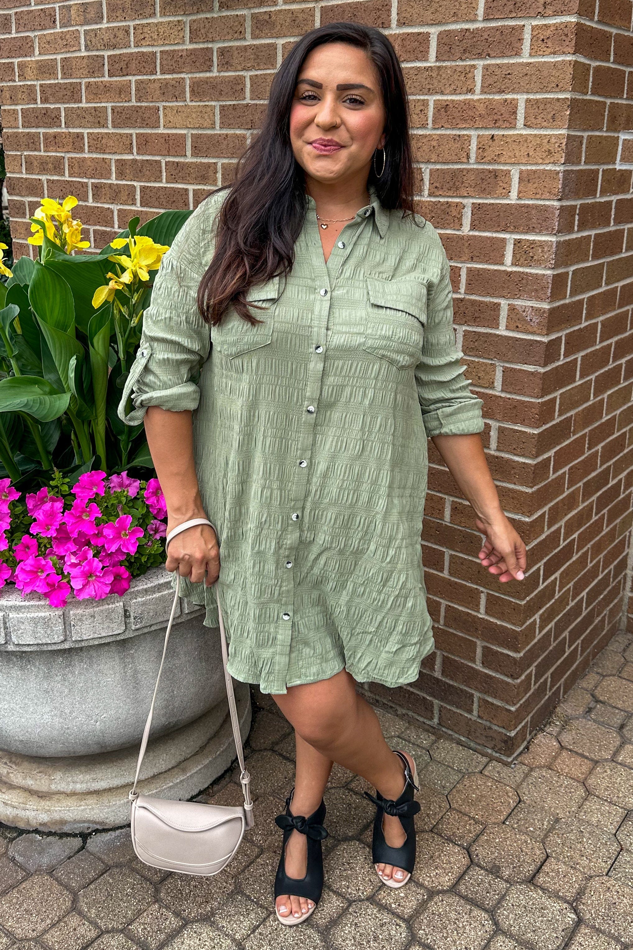 Olive Button Down Shirt Dress