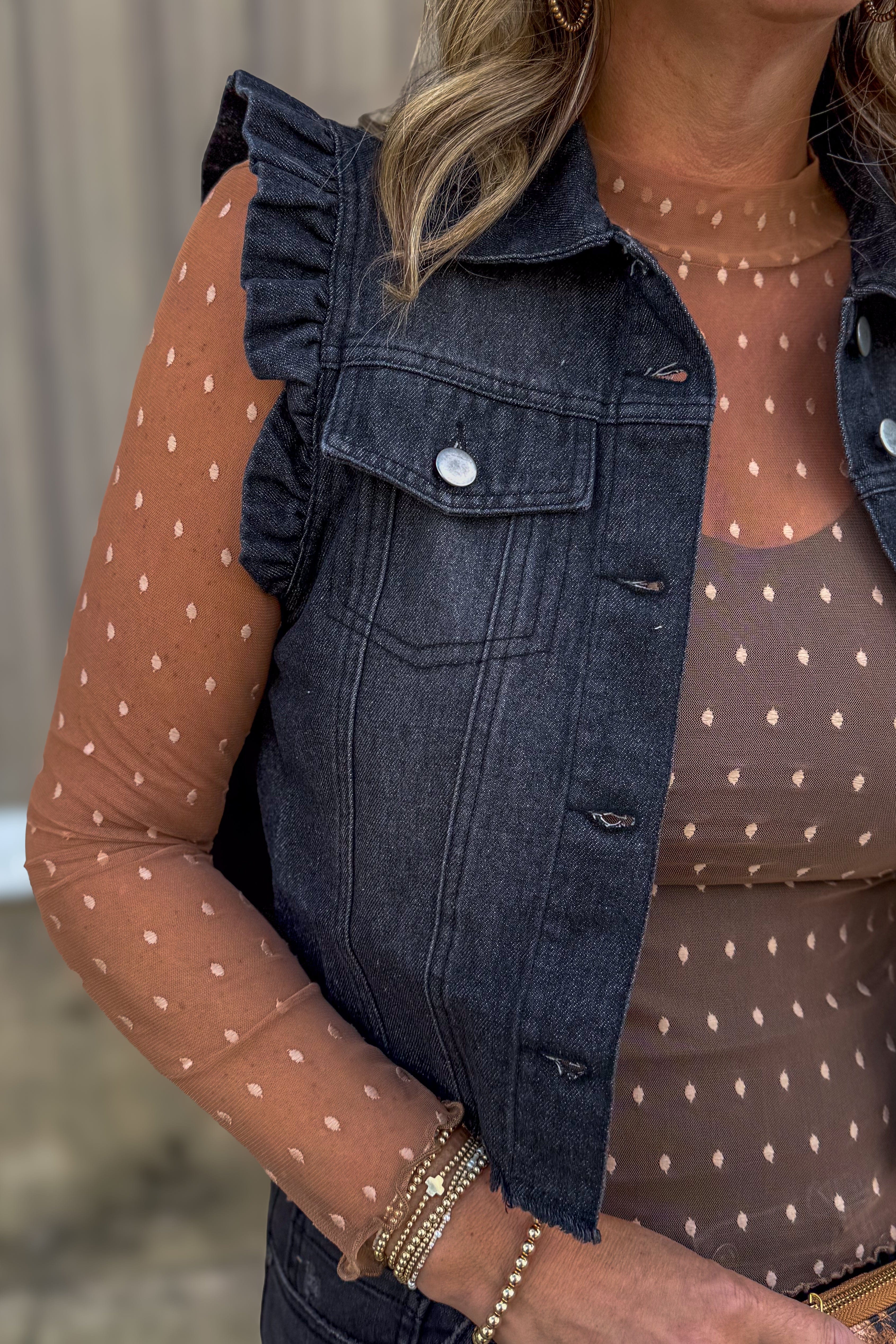 Black Ruffle Denim Vest details