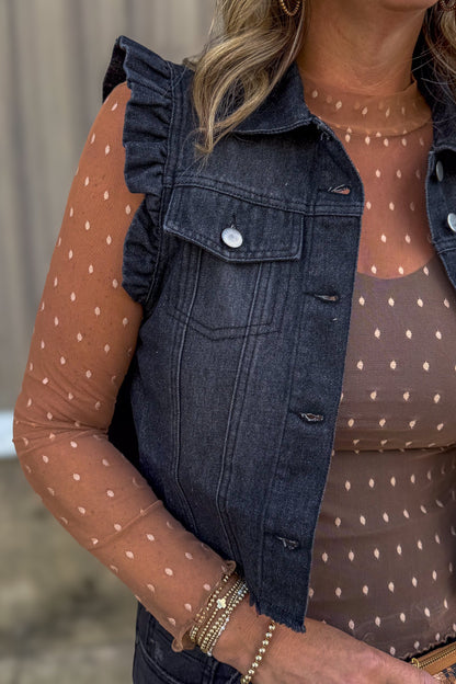Black Ruffle Denim Vest details