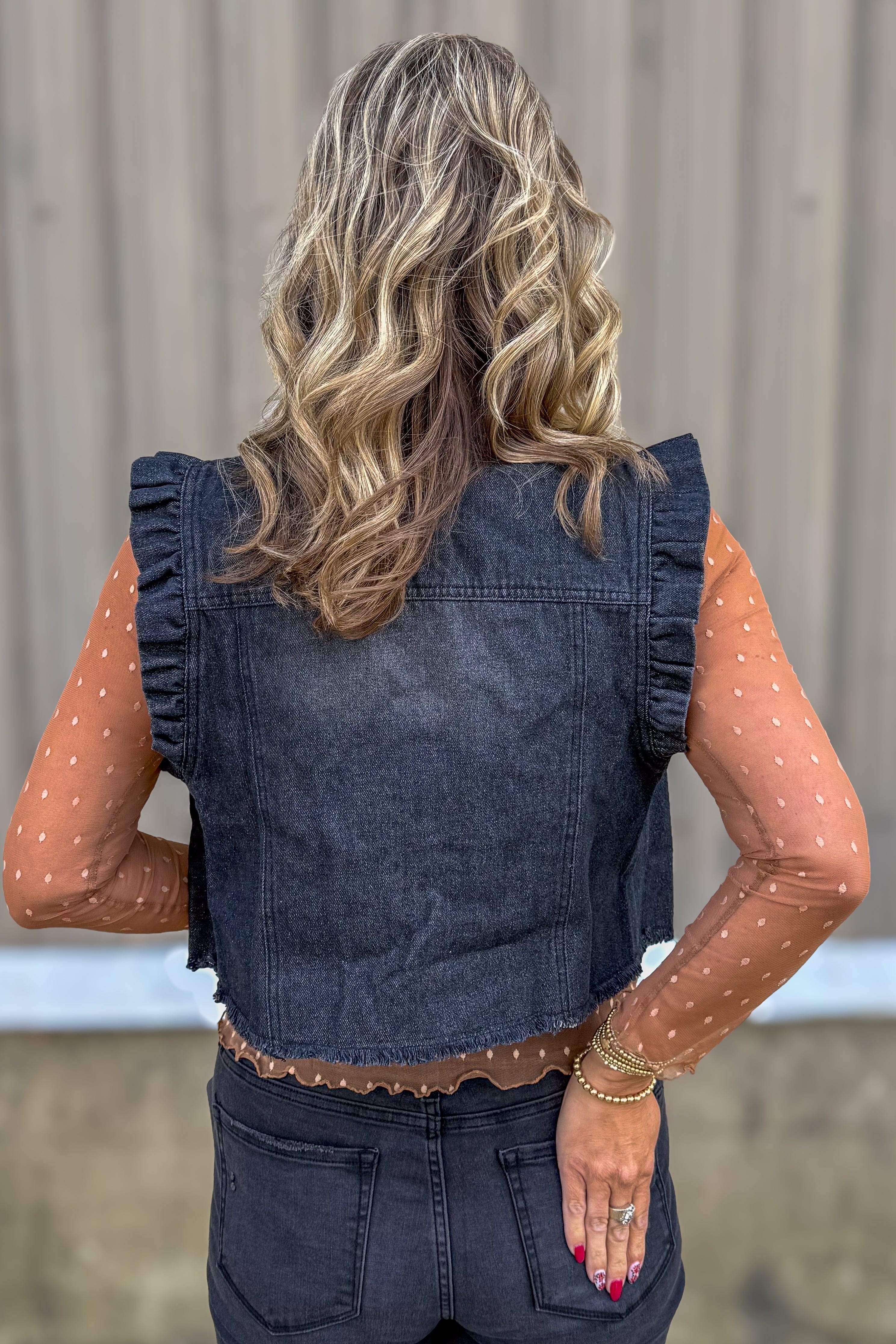 Black Ruffle Denim Vest back