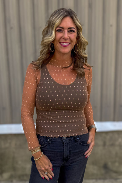 Taupe Dot Mesh Sheer Top