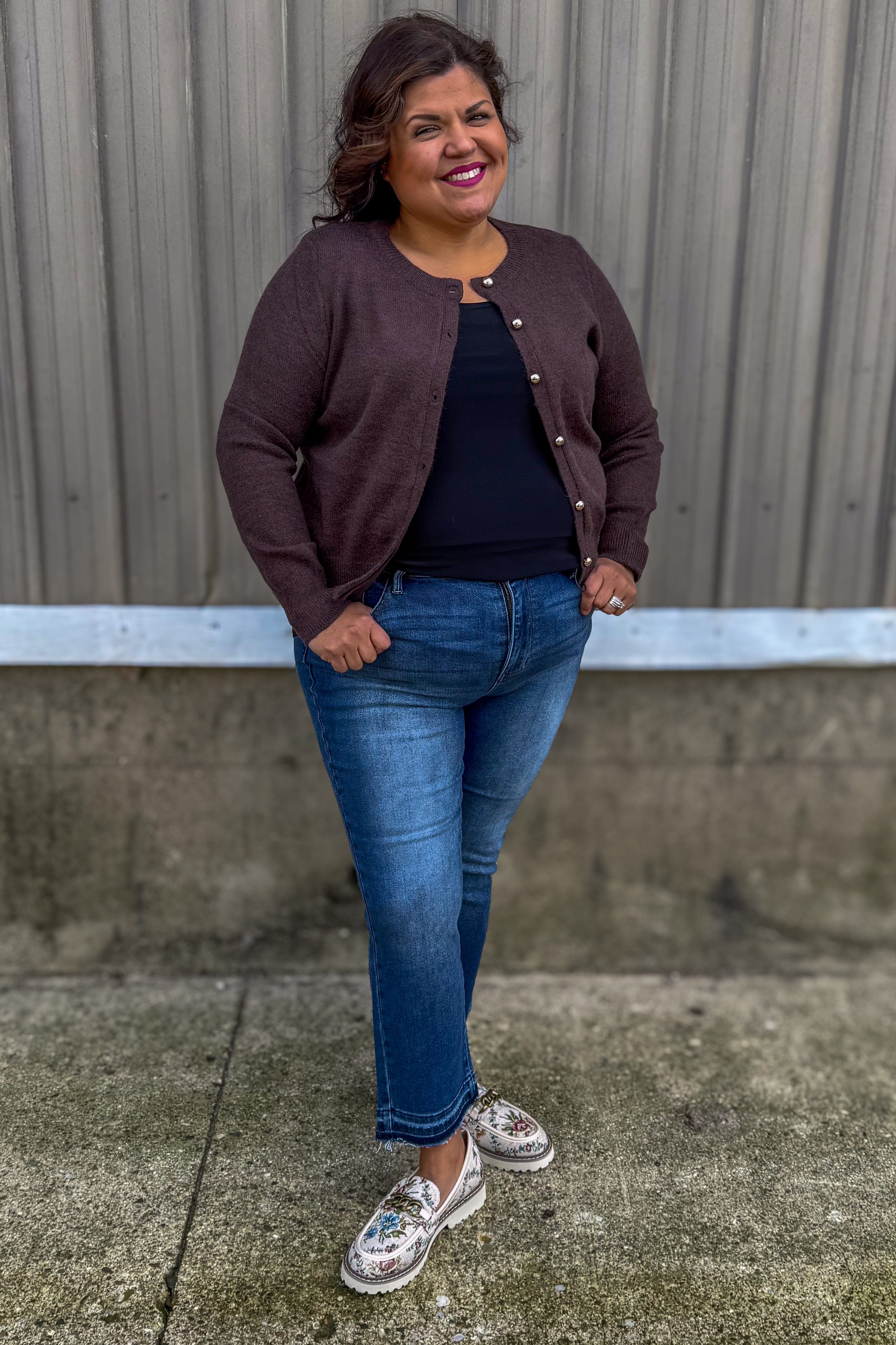 Brown Gold Button Cardigan styled