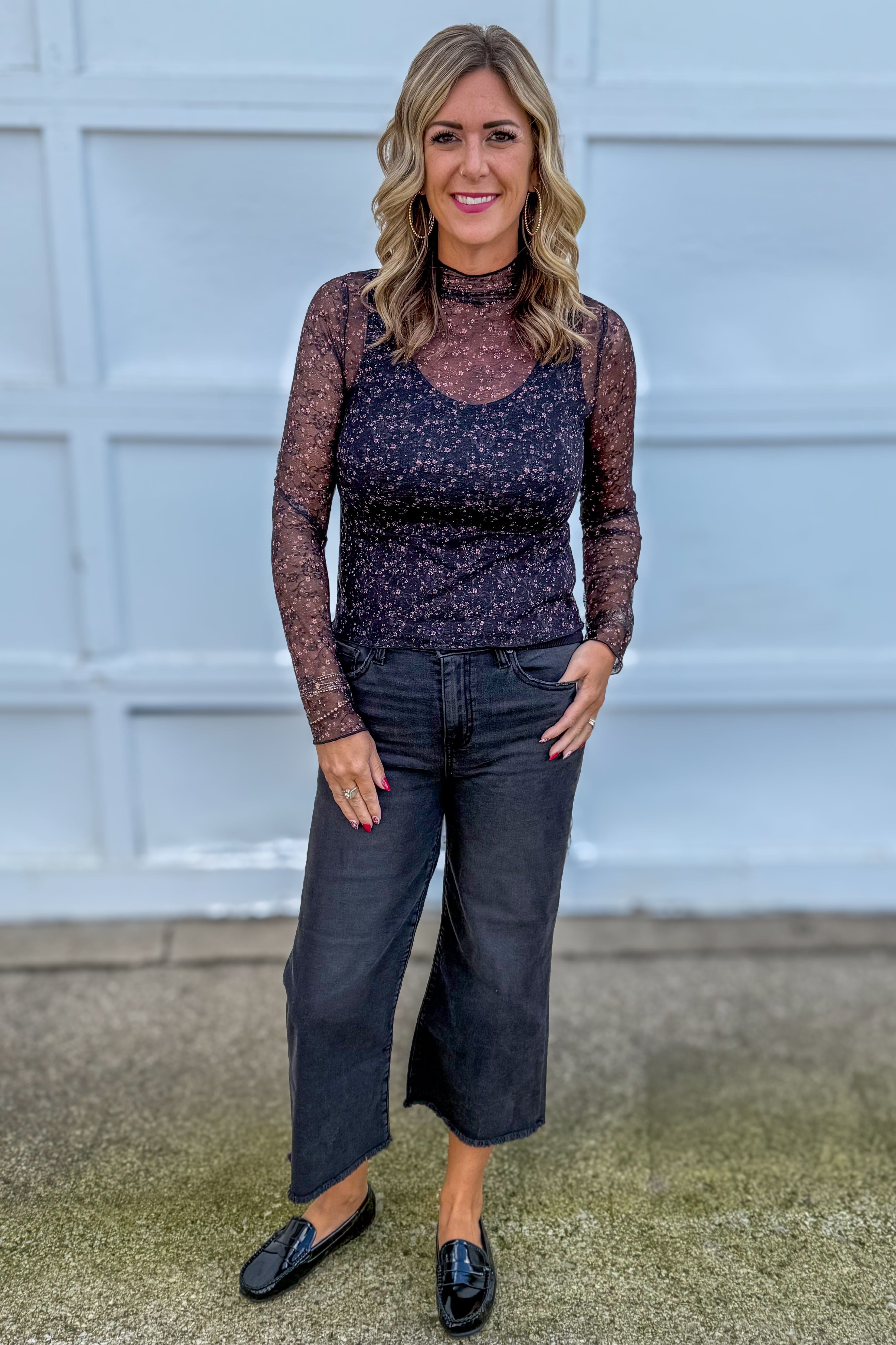 Black Ribbon Pattern Lace Layering Top styled