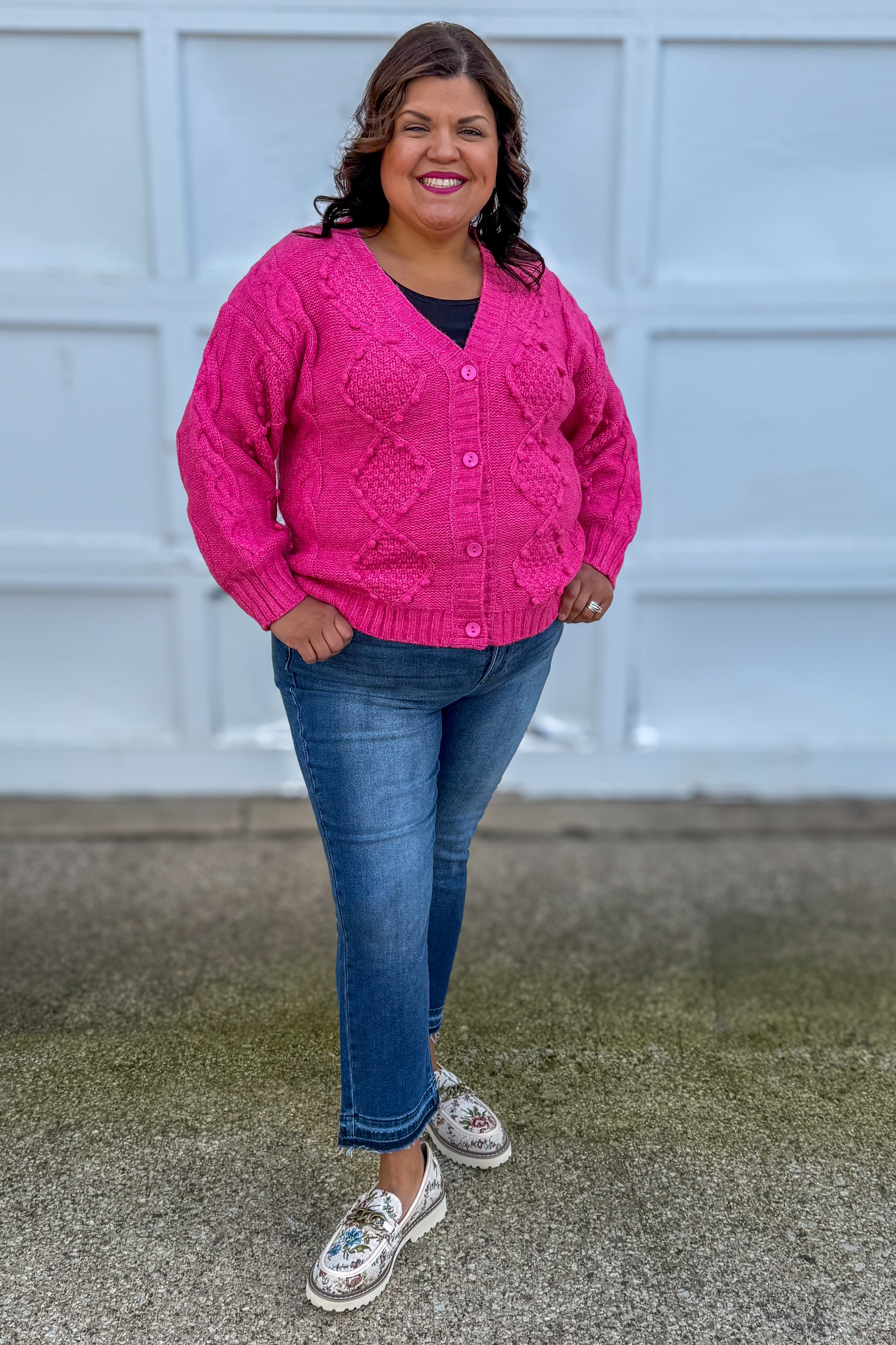 Hot Pink Button Up Knit Sweater styled
