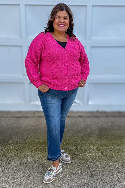 Hot Pink Button Up Knit Sweater styled