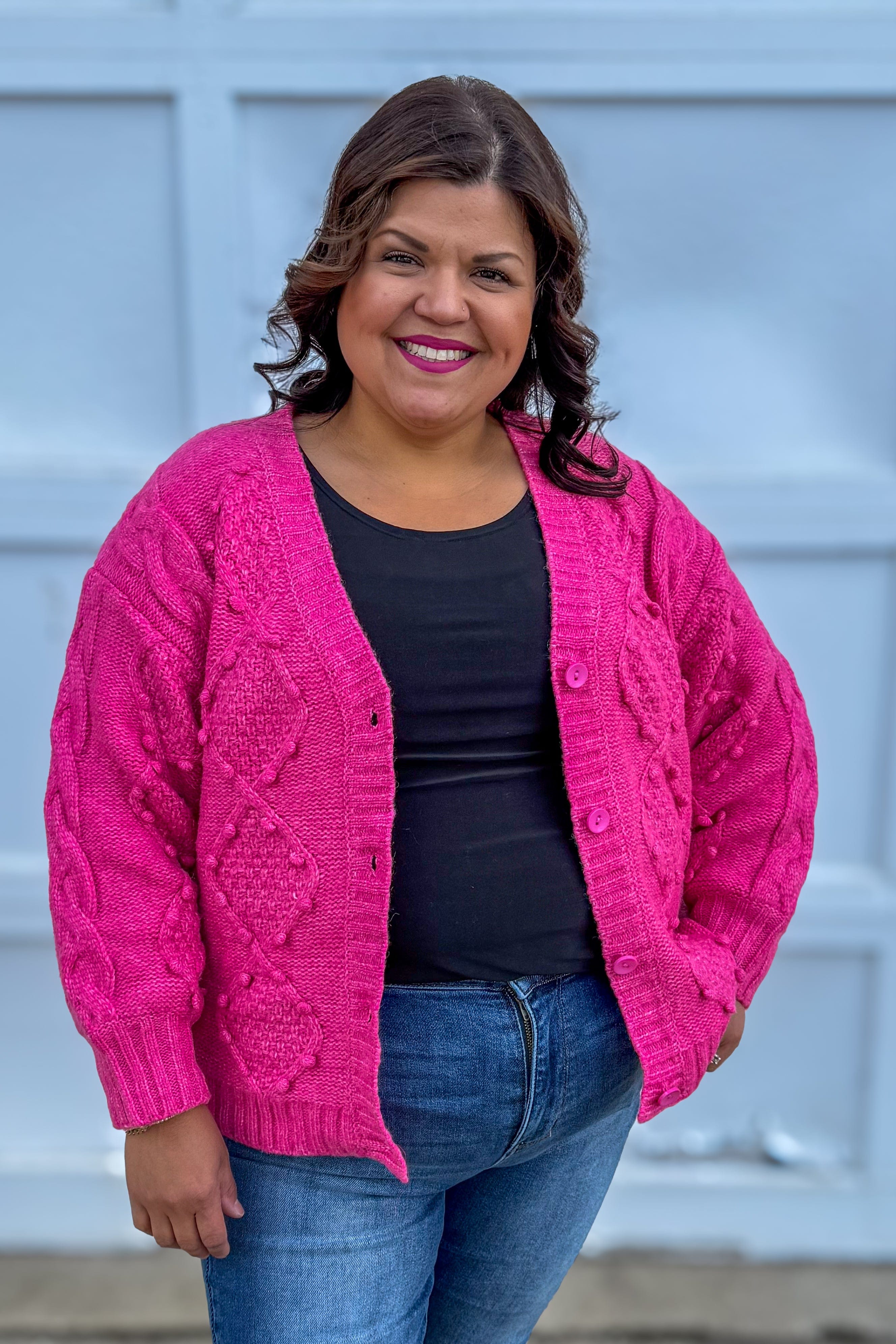Hot Pink Button Up Knit Sweater unbuttoned
