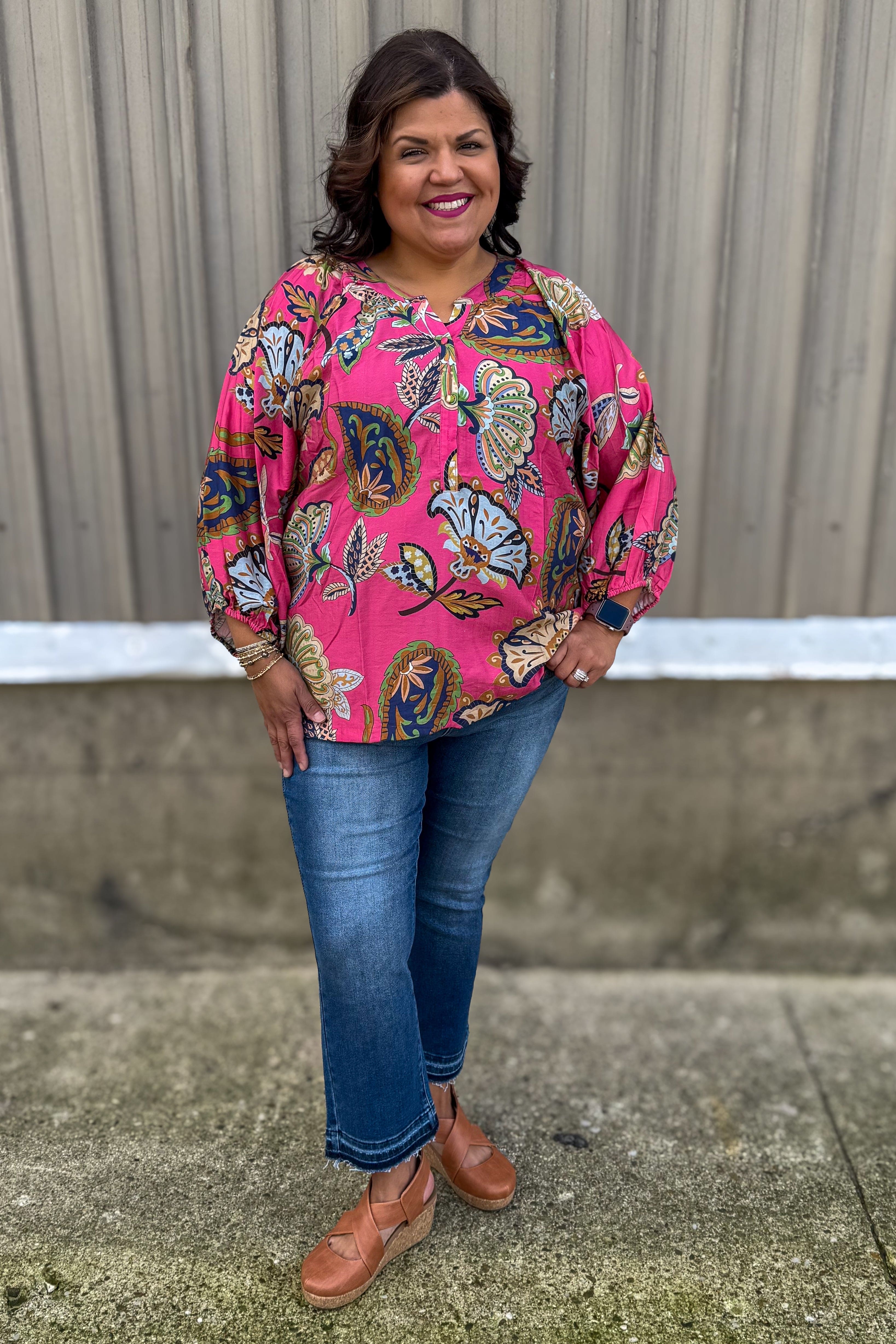Pink Floral Abstract Split Neck Blouse styled