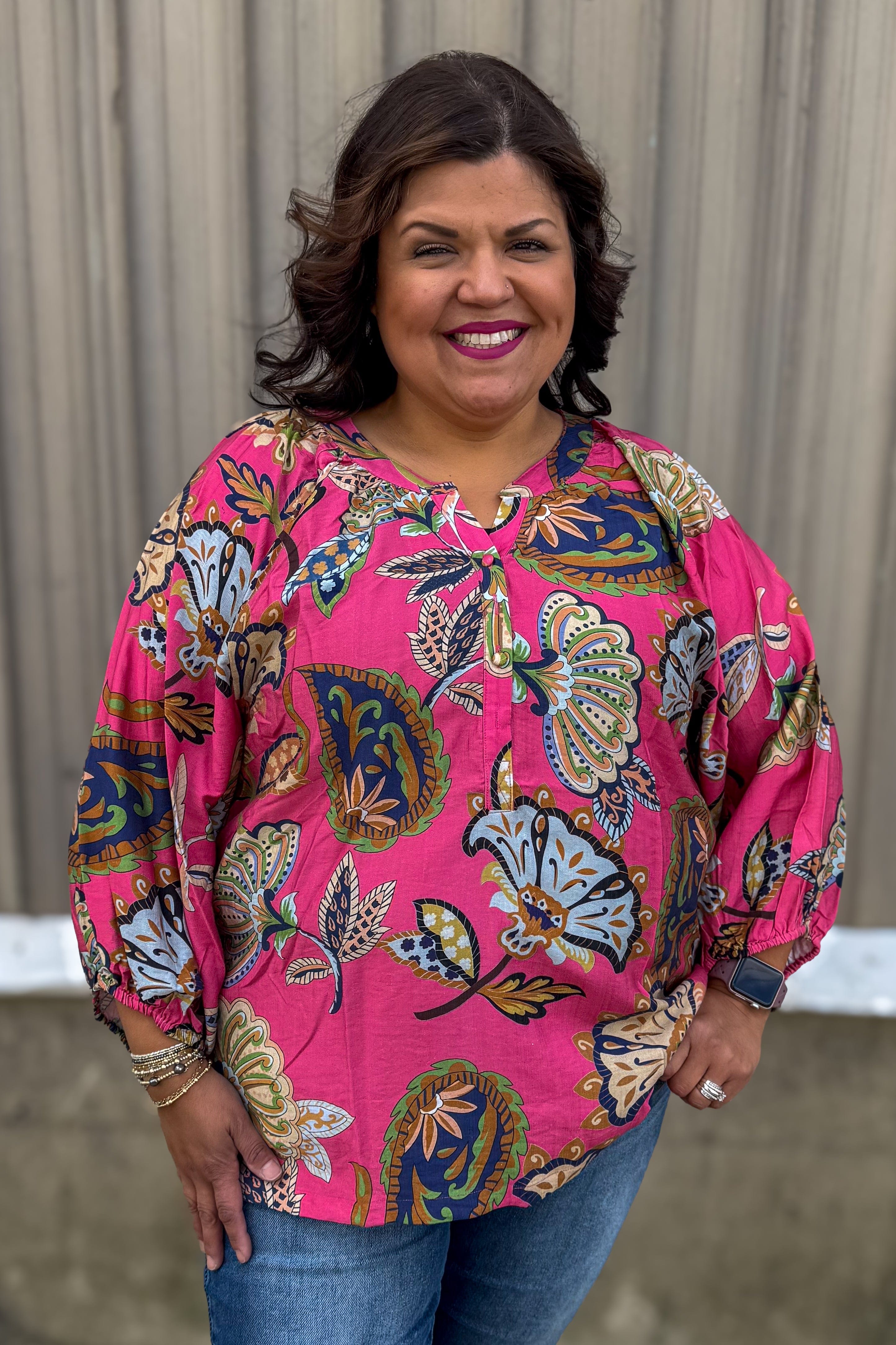 Pink Floral Abstract Split Neck Blouse